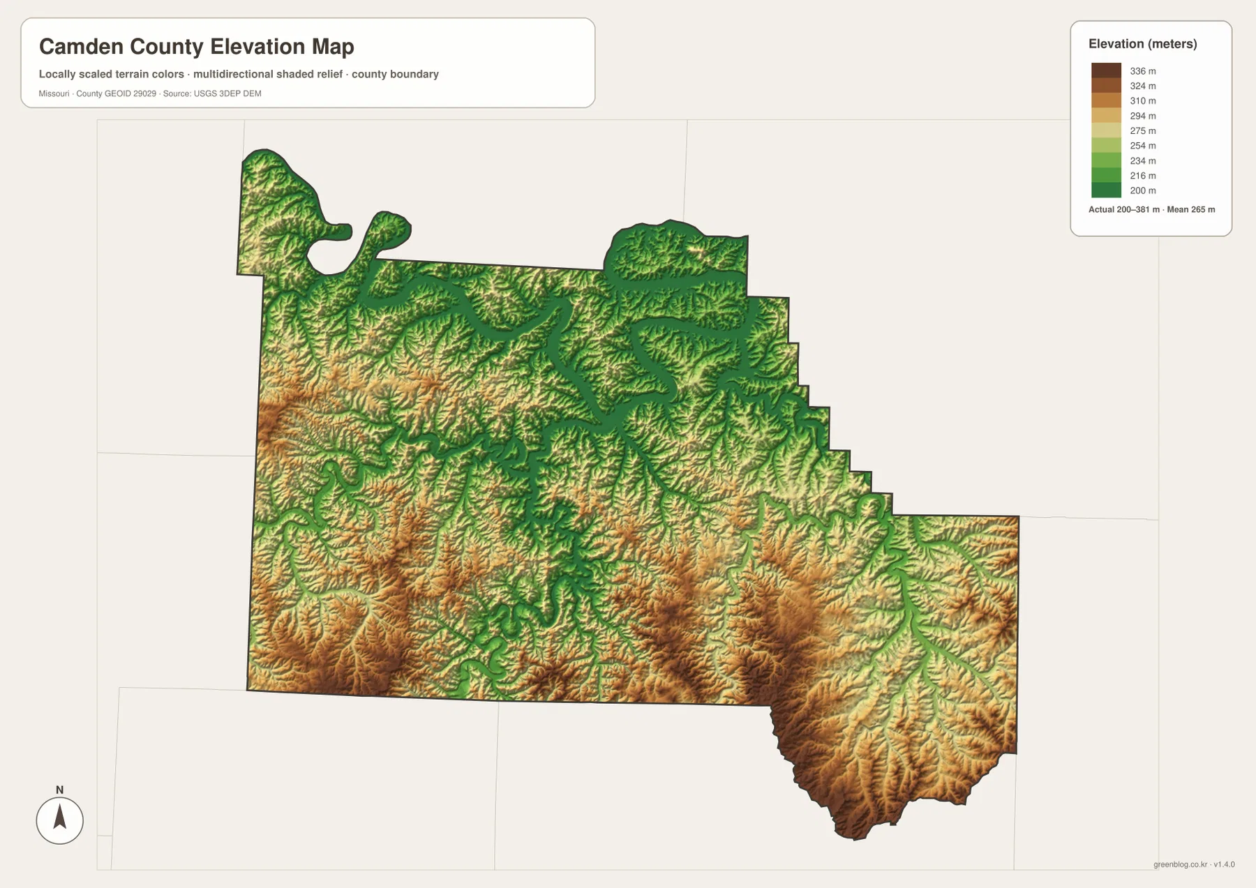 Camden County Missouri elevation map showing low Lake of the Ozarks valleys and higher southern Ozark ridges