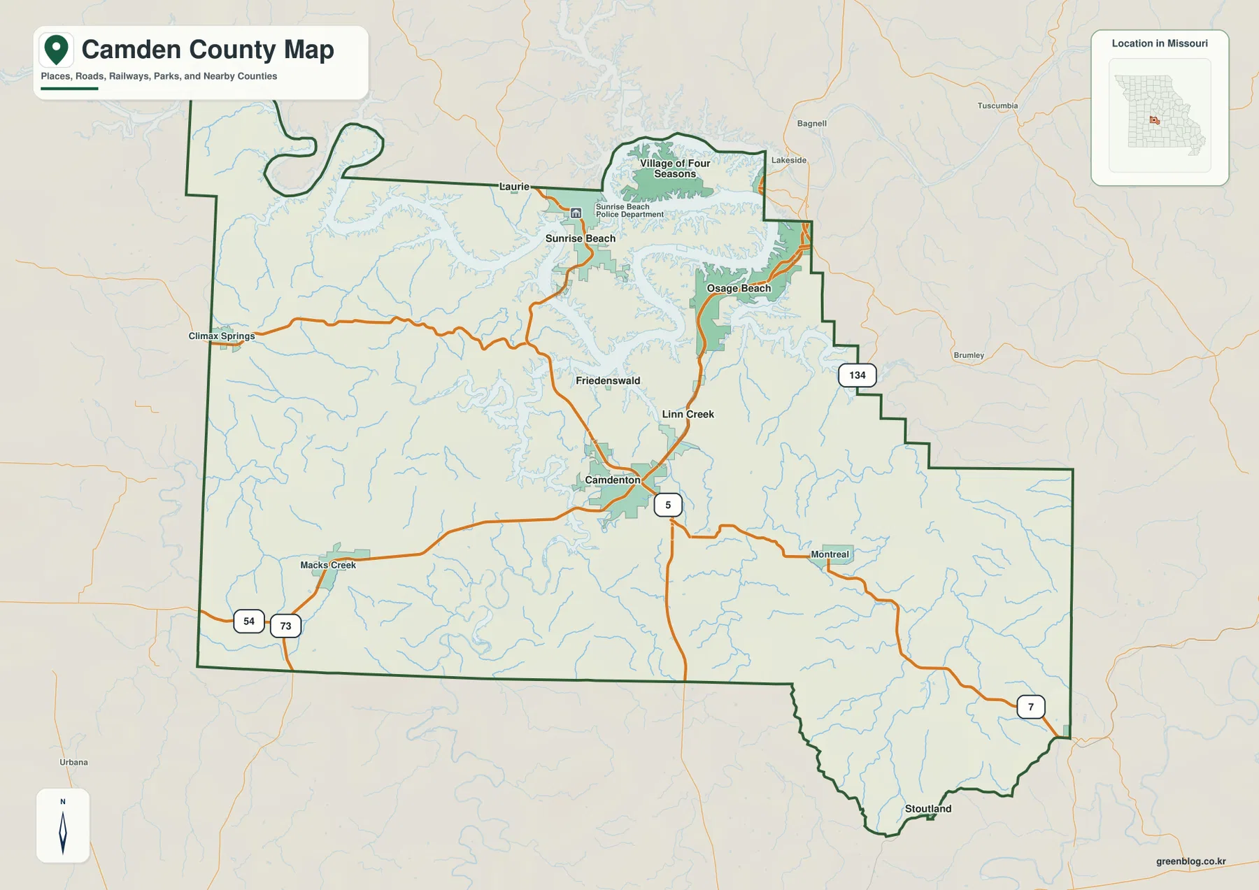 Camden County Missouri map showing Camdenton, Osage Beach, Sunrise Beach, Village of Four Seasons, Macks Creek, and major roads