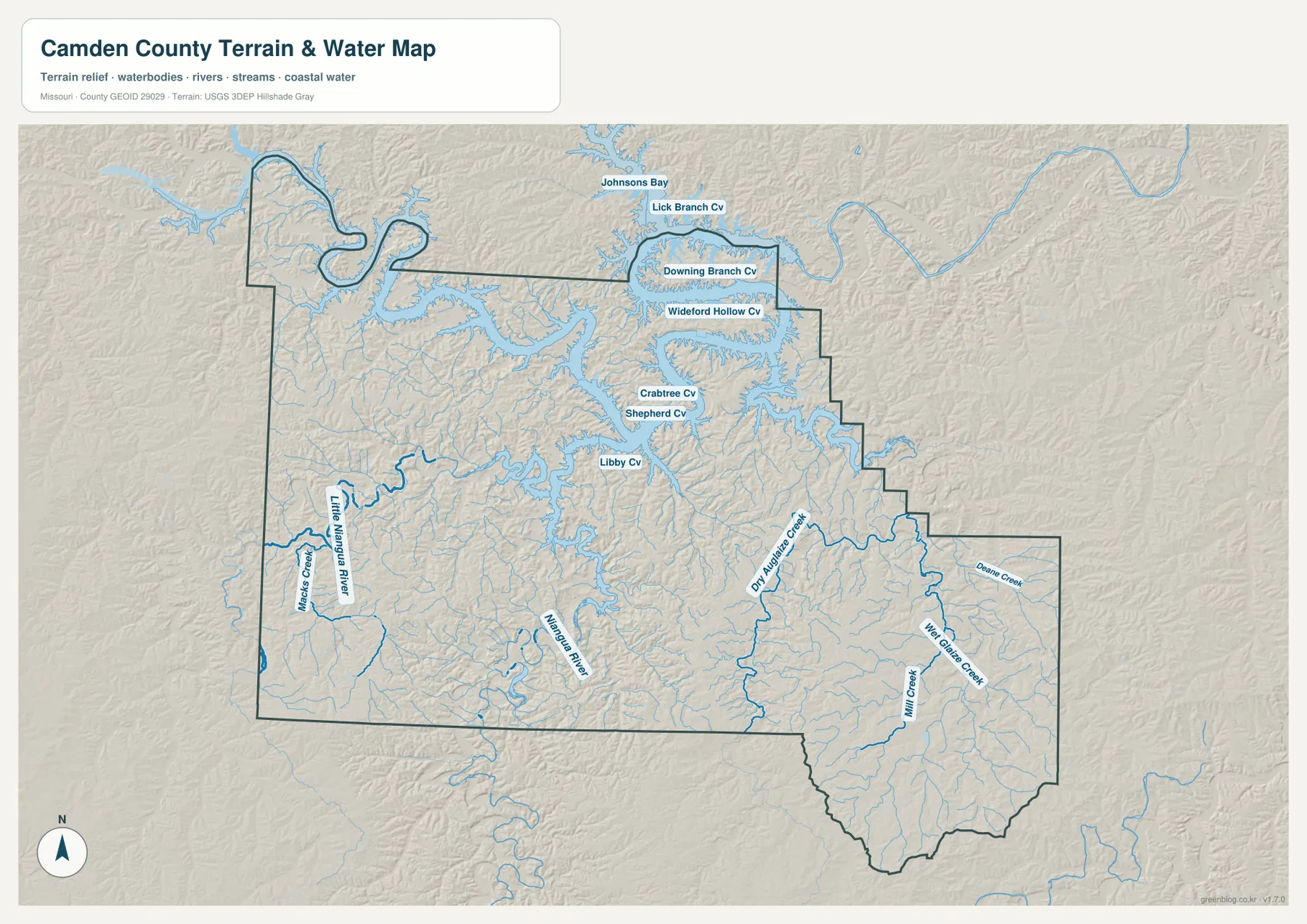 Camden County terrain and water map showing Lake of the Ozarks, Niangua River, Little Niangua River, Dry Auglaize Creek, and Wet Glaize Creek
