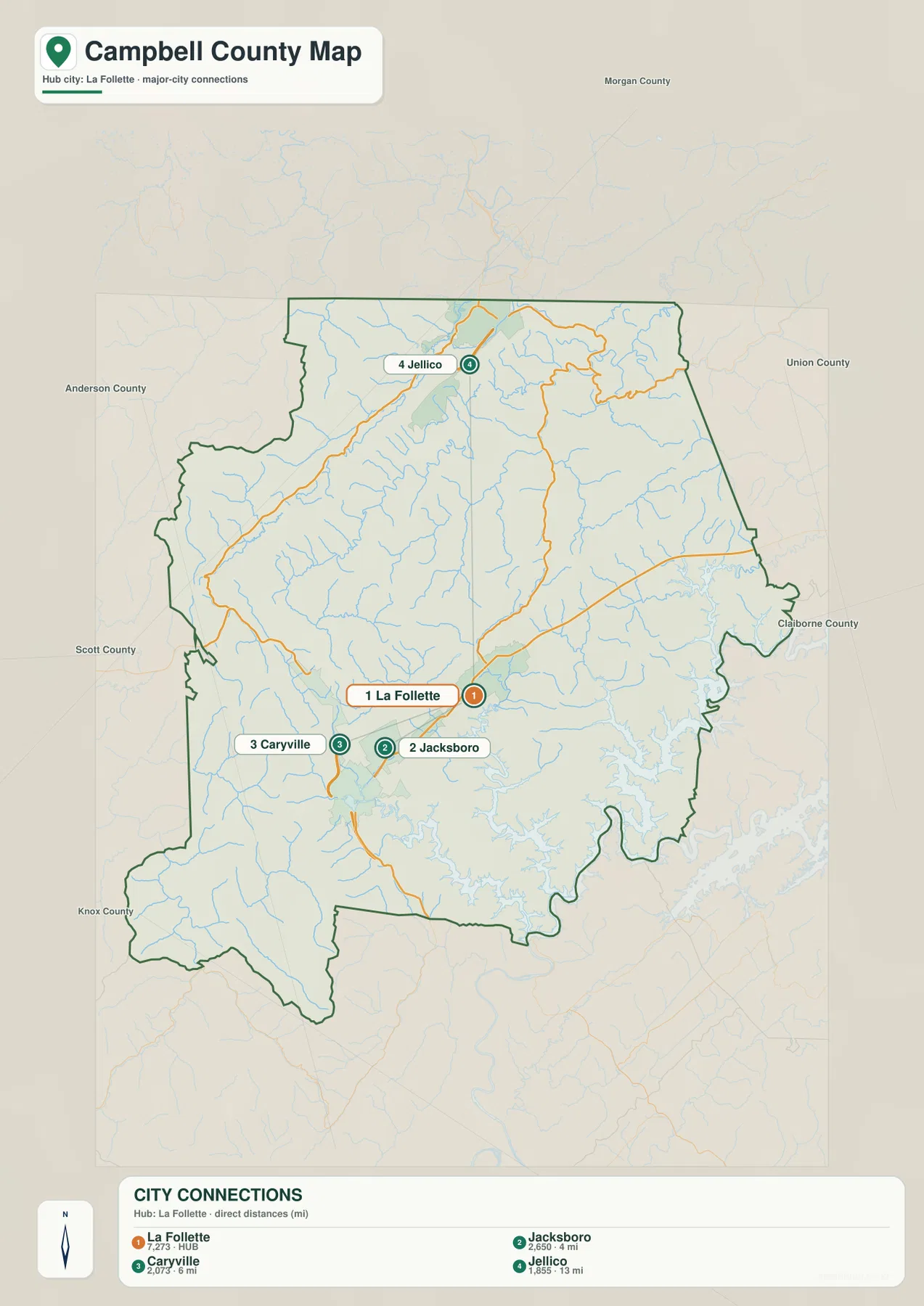 Campbell County city map comparing La Follette with Jacksboro, Caryville, and Jellico
