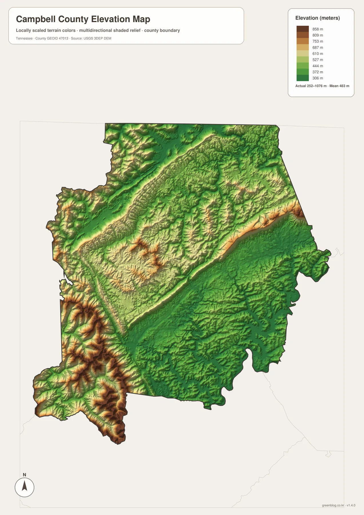 Campbell County Tennessee elevation map showing terrain from about 252 to 1,076 meters with high central and southwestern ridges