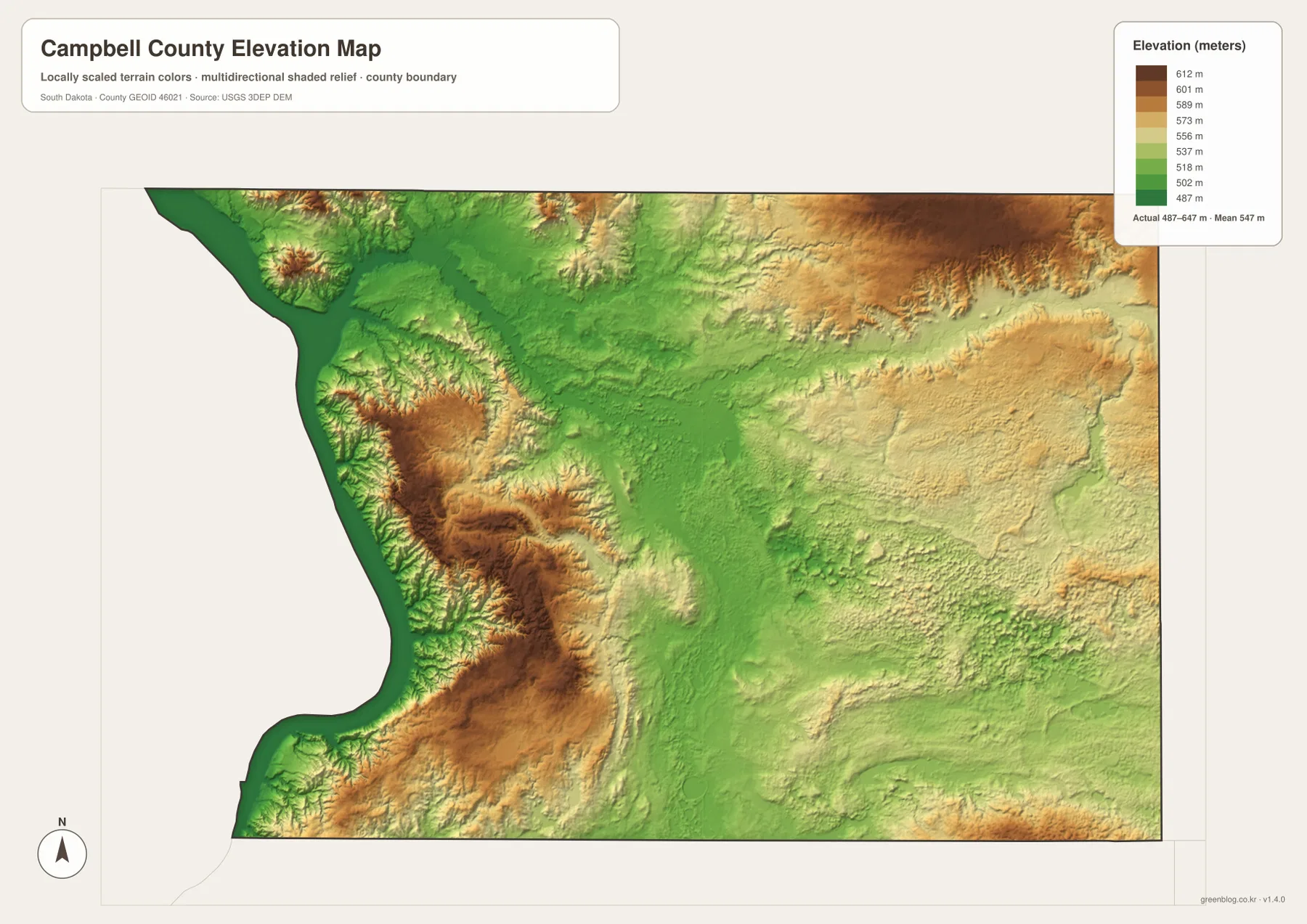 Campbell County South Dakota elevation map with an actual range of 487 to 647 meters and a mean of 547 meters