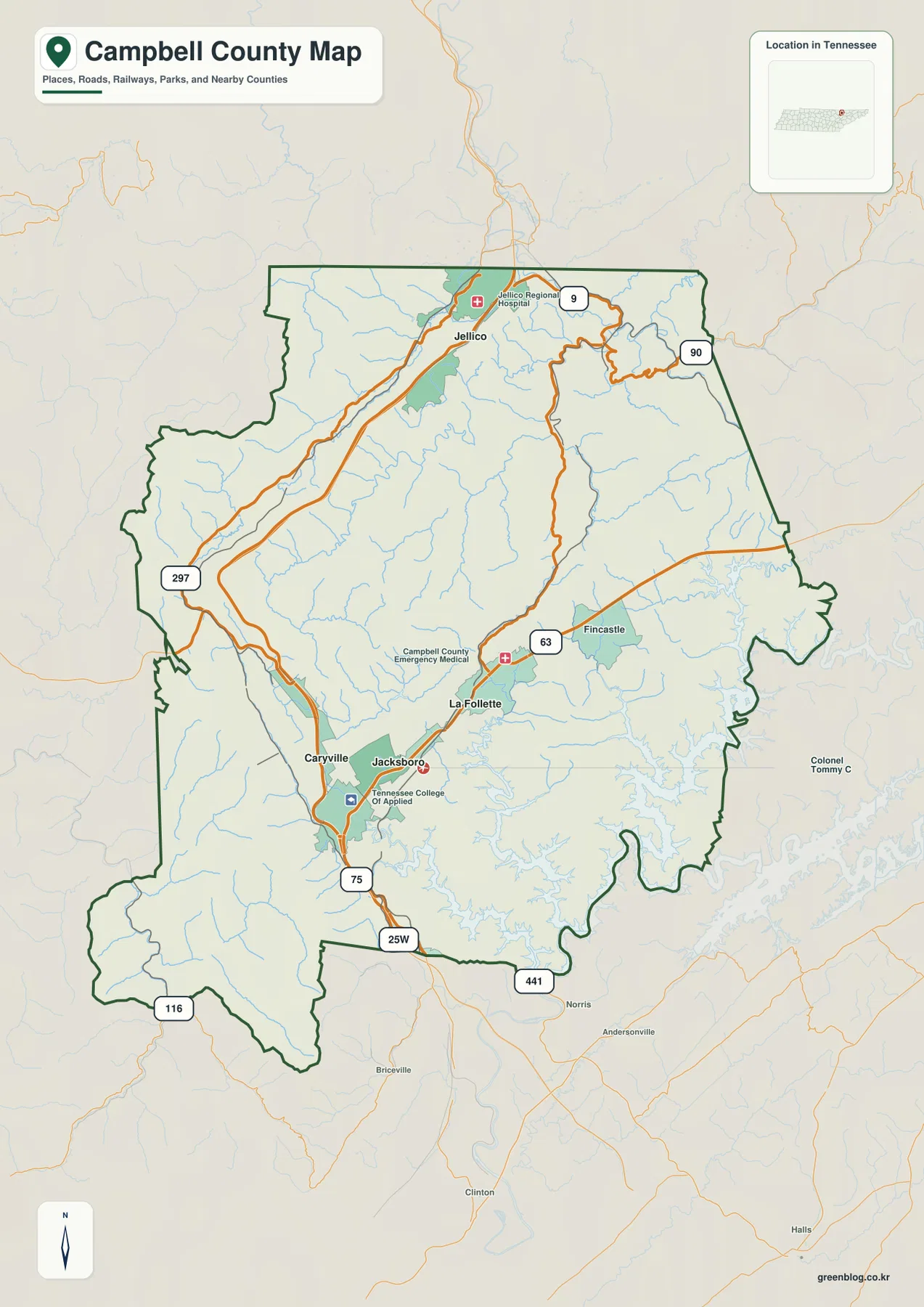 Campbell County Tennessee map showing La Follette, Jacksboro, Caryville, Jellico, I-75, Route 63, and other major roads