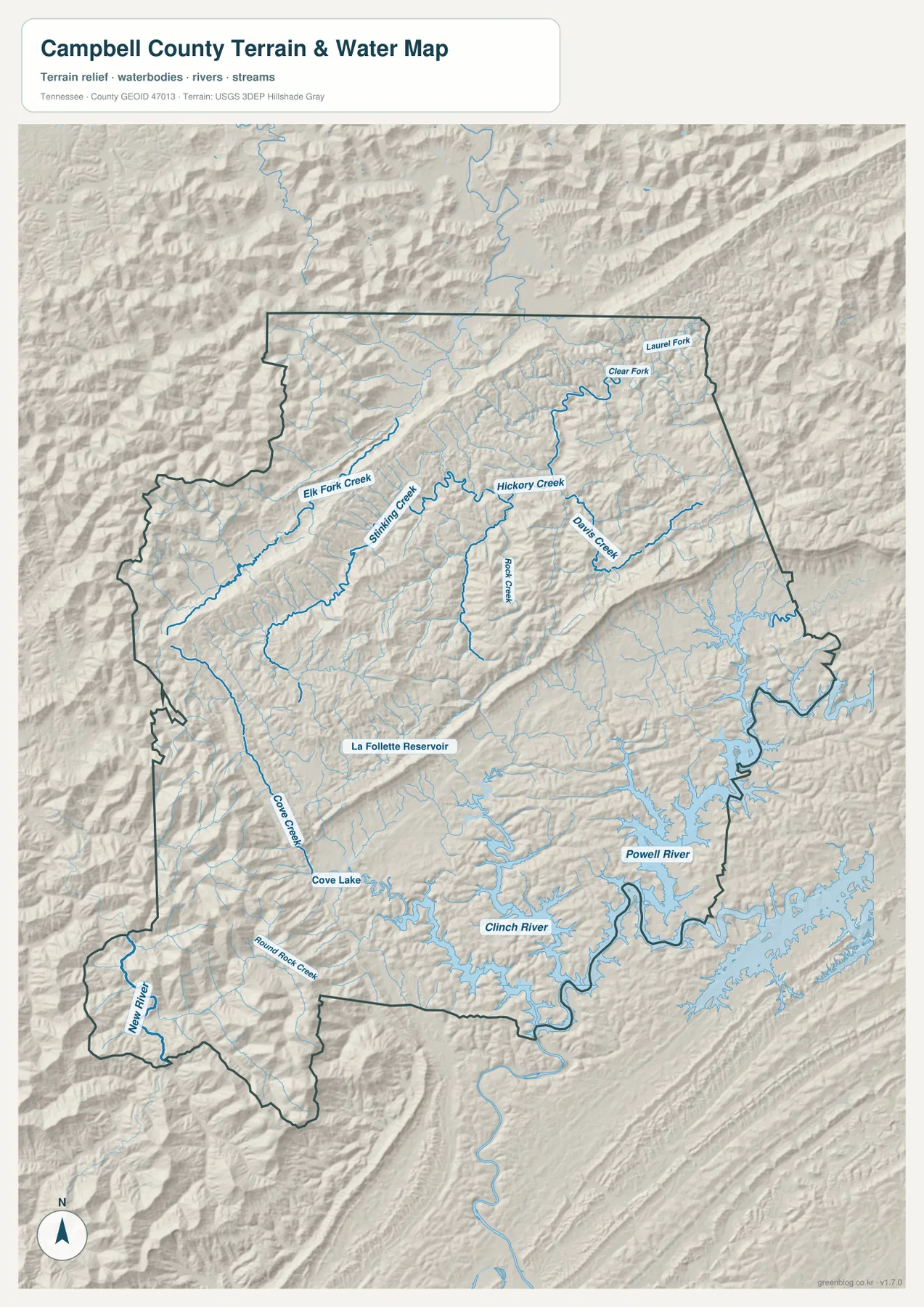 Campbell County water and terrain map showing Clinch River, Powell River, Cove Lake, La Follette Reservoir, Clear Fork, and mountain creeks