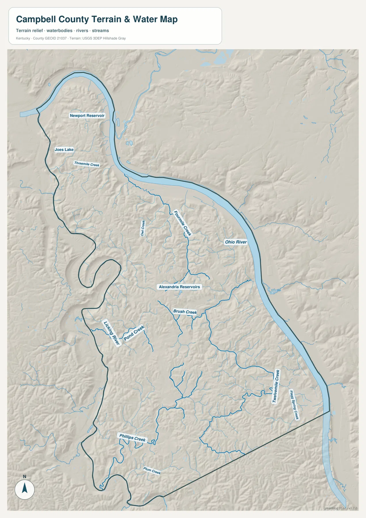 Campbell County의 Ohio River, Licking River, Fourmile Creek, Brush Creek, Pond Creek, Twelvemile Creek와 Alexandria Reservoirs를 보여 주는 수역 지도