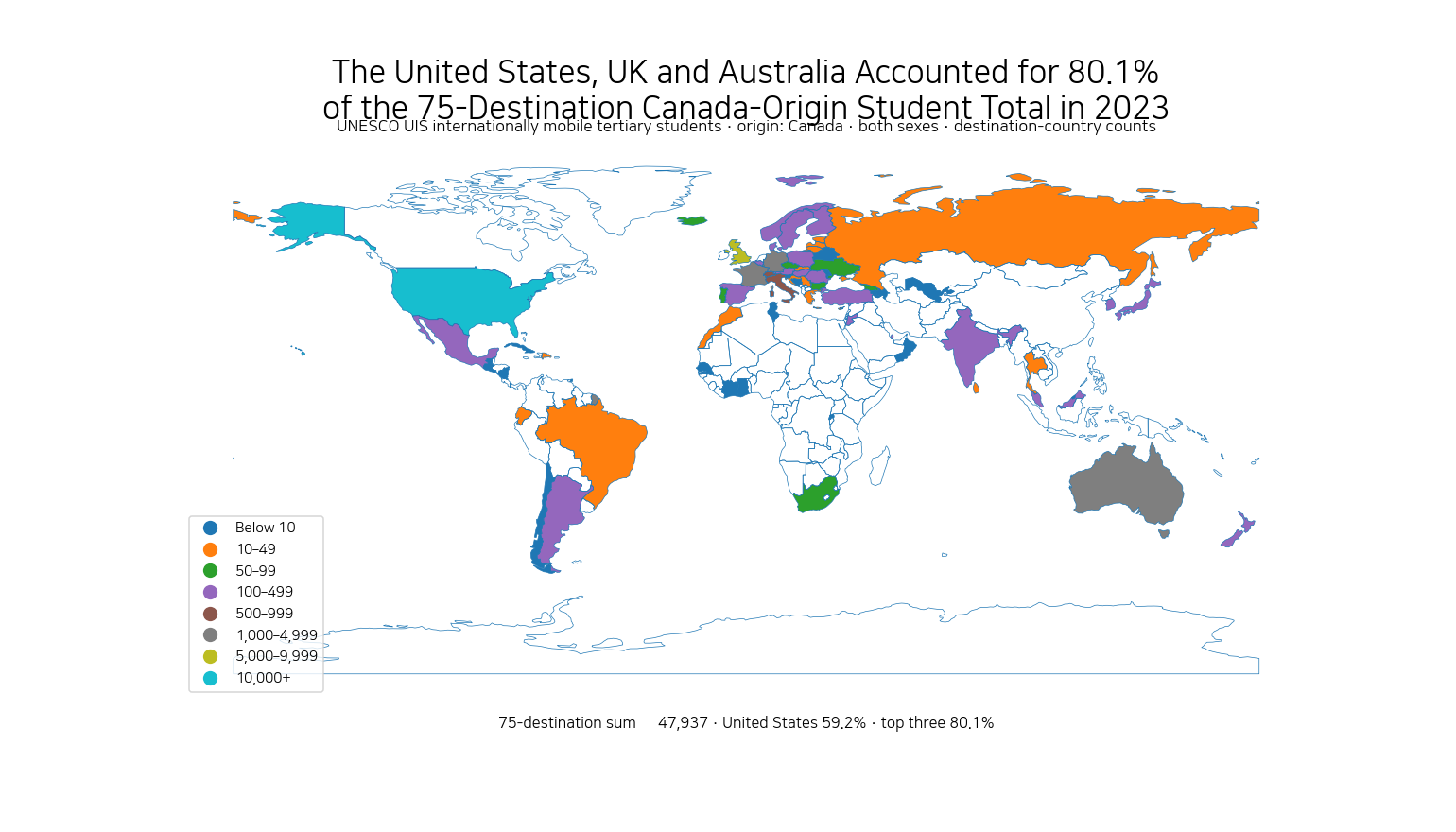 World map of the destination distribution of Canada-origin internationally mobile tertiary students in 2023