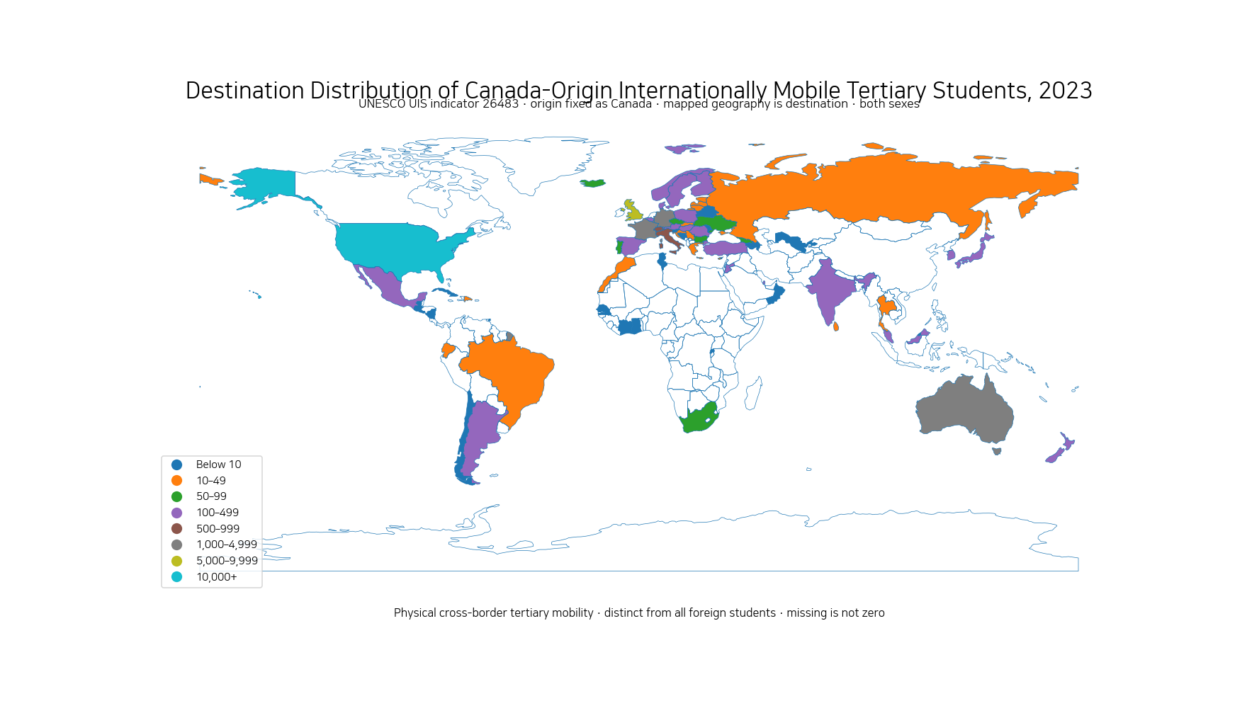 World map of the destination distribution of Canada-origin internationally mobile tertiary students in 2023