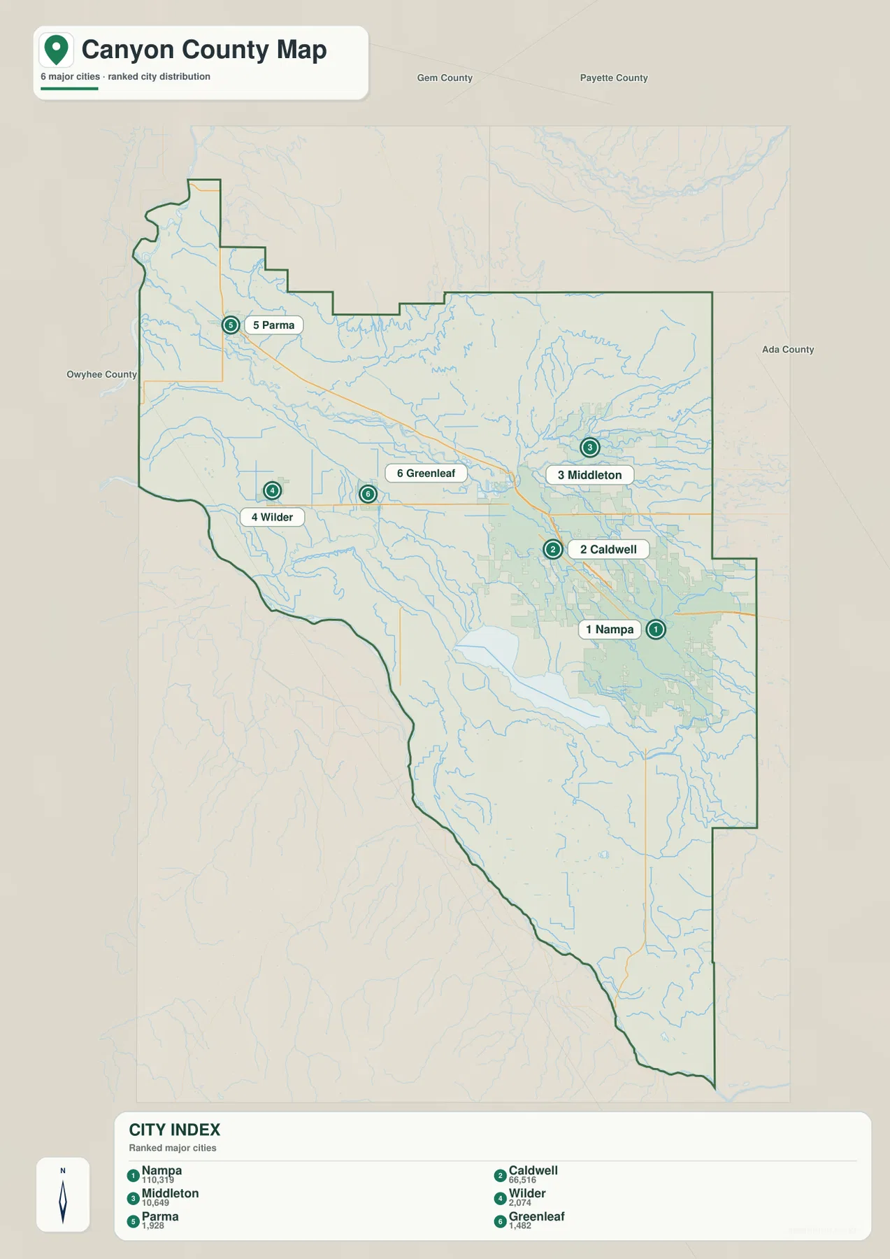 Canyon County city map showing Nampa, Caldwell, Middleton, Wilder, Parma and Greenleaf