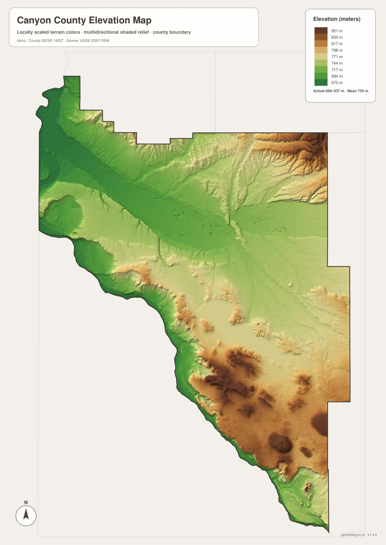 Canyon County elevation map showing low Boise and Snake river corridors and higher northeastern and southern ridges