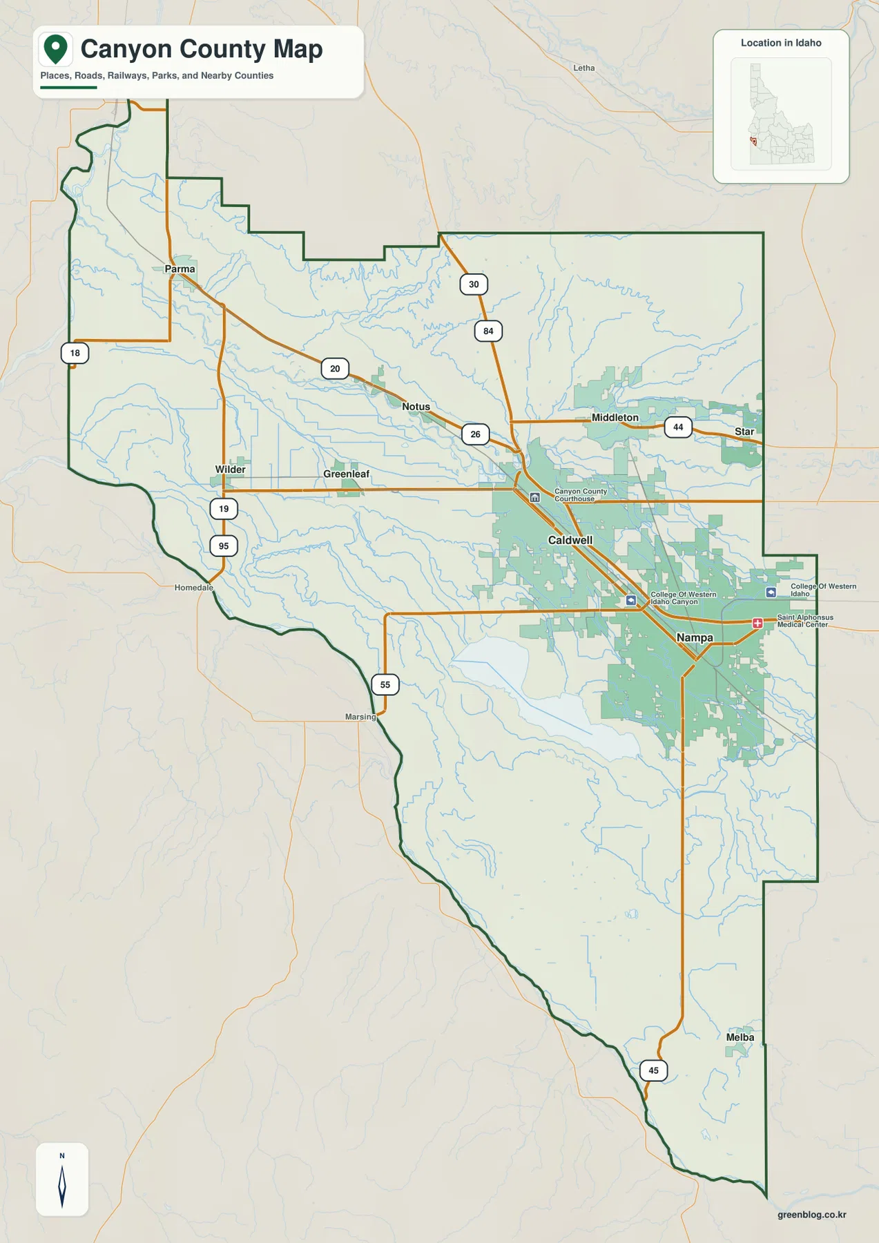 Canyon County Idaho map showing Nampa, Caldwell, Middleton, Parma, Wilder and major roads