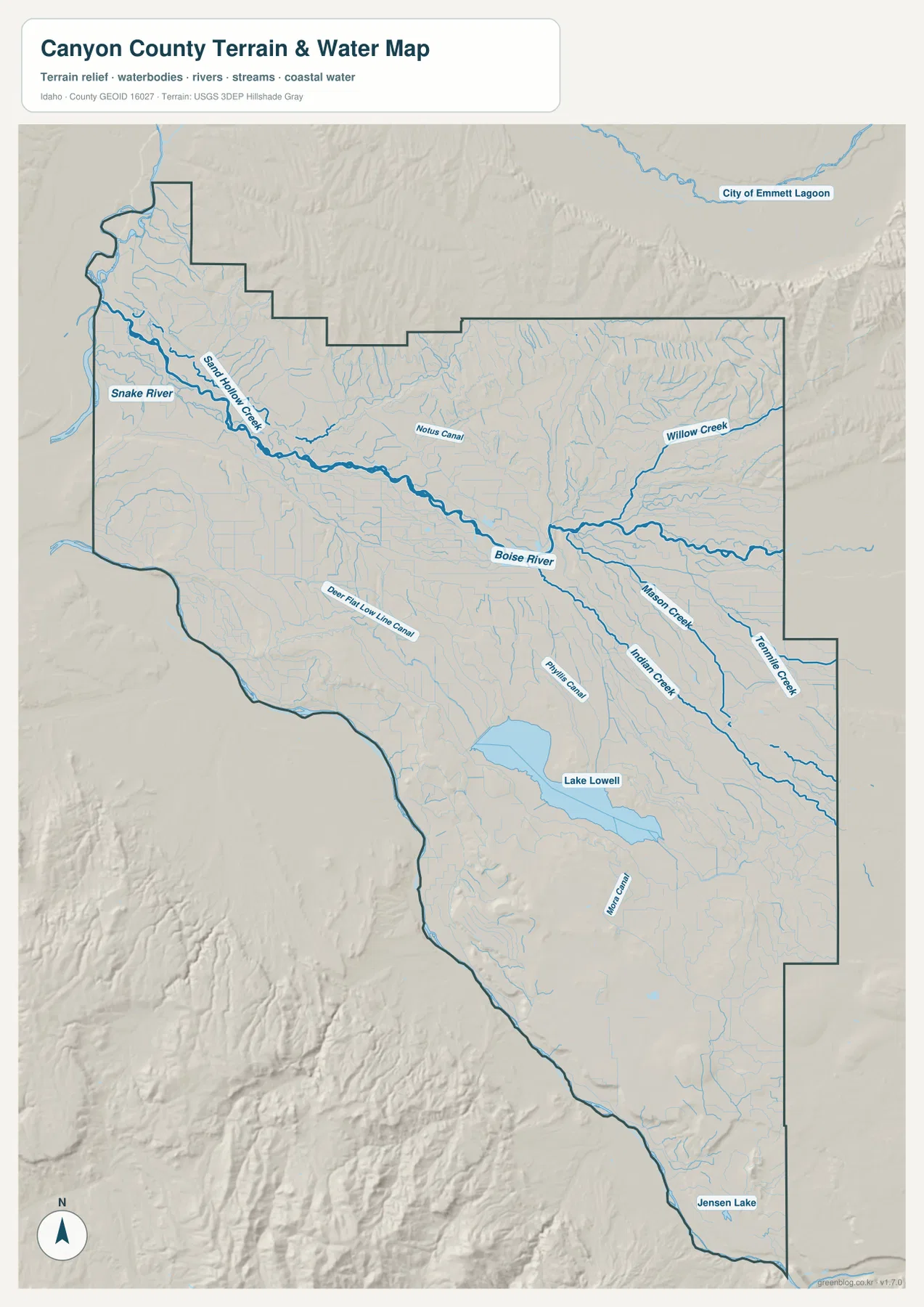 Canyon County terrain and water map showing Boise River, Snake River, Lake Lowell and major canals