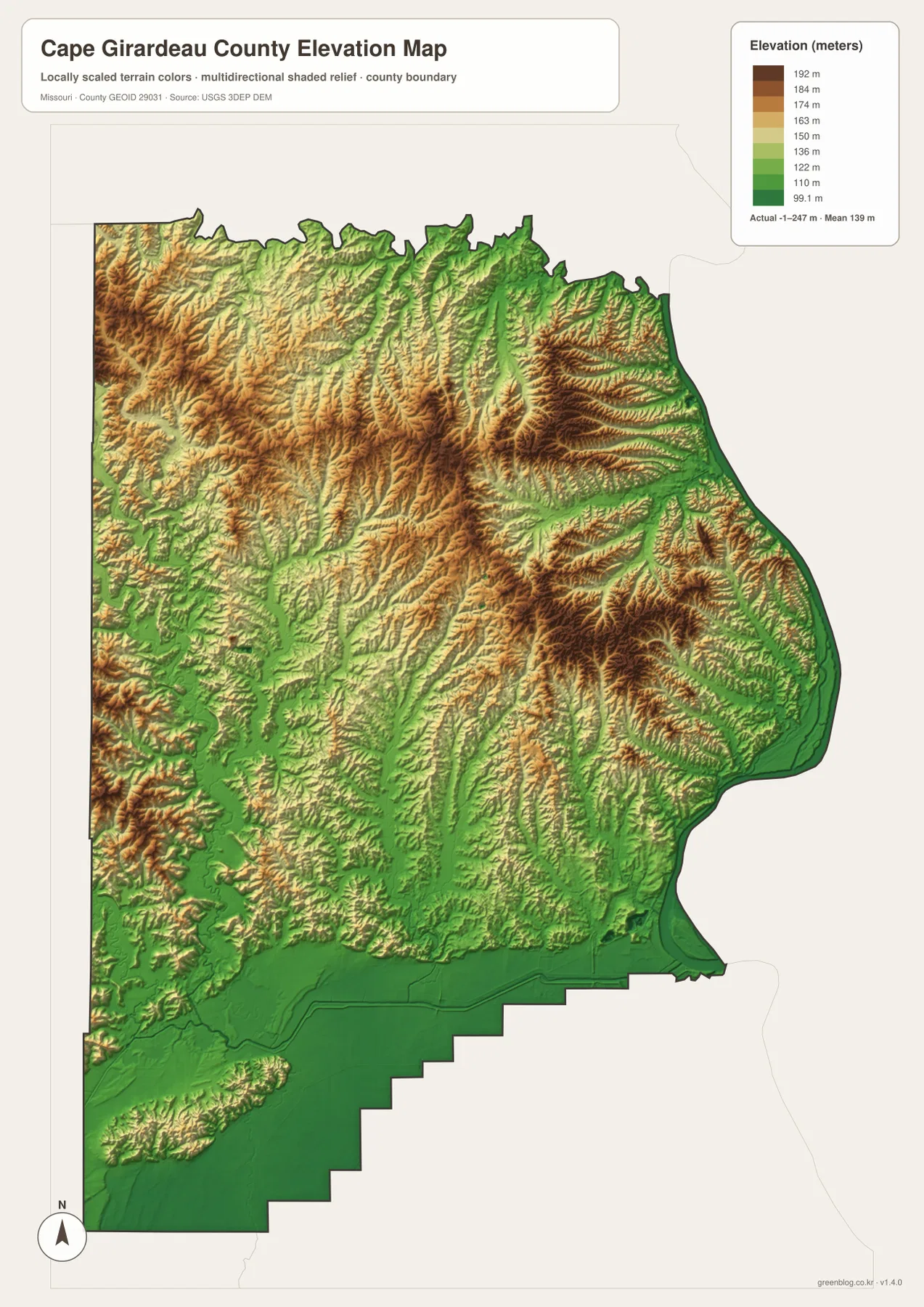 Cape Girardeau County elevation map showing an actual range of about -1 to 247 meters, Mississippi River lowlands, interior ridges, and lower southwest terrain