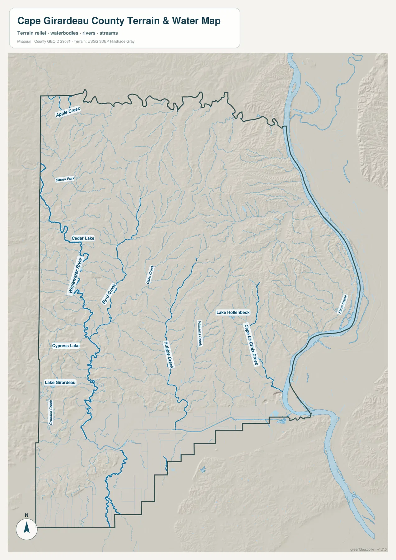 Cape Girardeau County terrain and water map showing Mississippi River, Whitewater River, Cape La Croix Creek, Hubble Creek, Byrd Creek, Cedar Lake, Cypress Lake, and Lake Girardeau