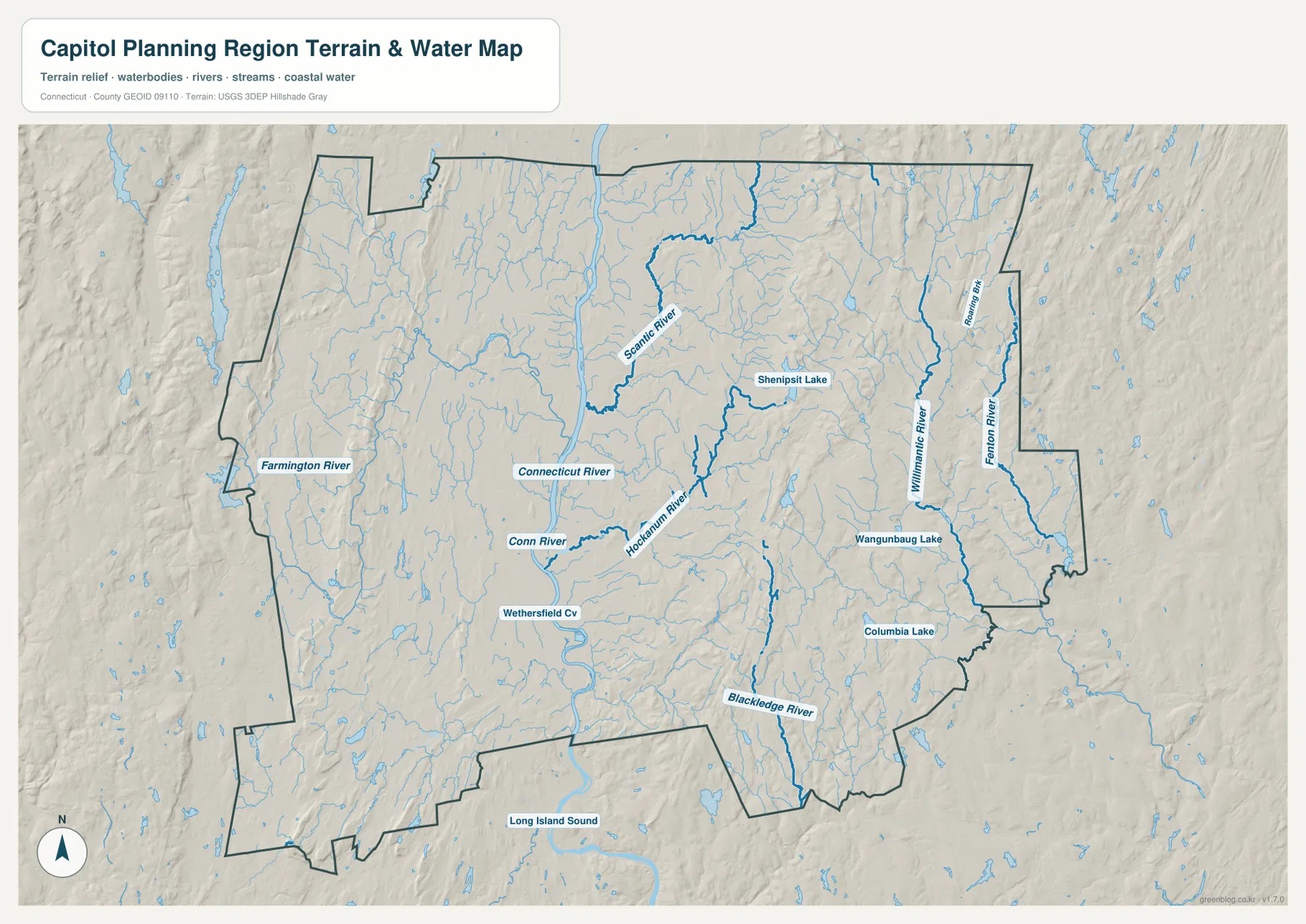 Capitol Planning Region의 Connecticut River, Farmington River, Scantic River, Hockanum River와 주요 호수를 보여 주는 수역 지도