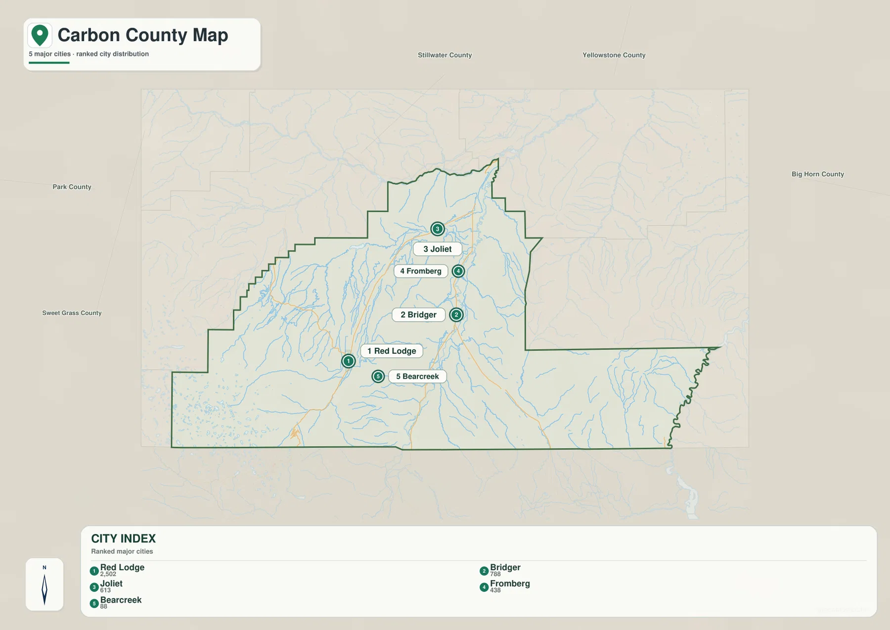 Carbon County city map highlighting Red Lodge, Bridger, Joliet, Fromberg, and Bearcreek