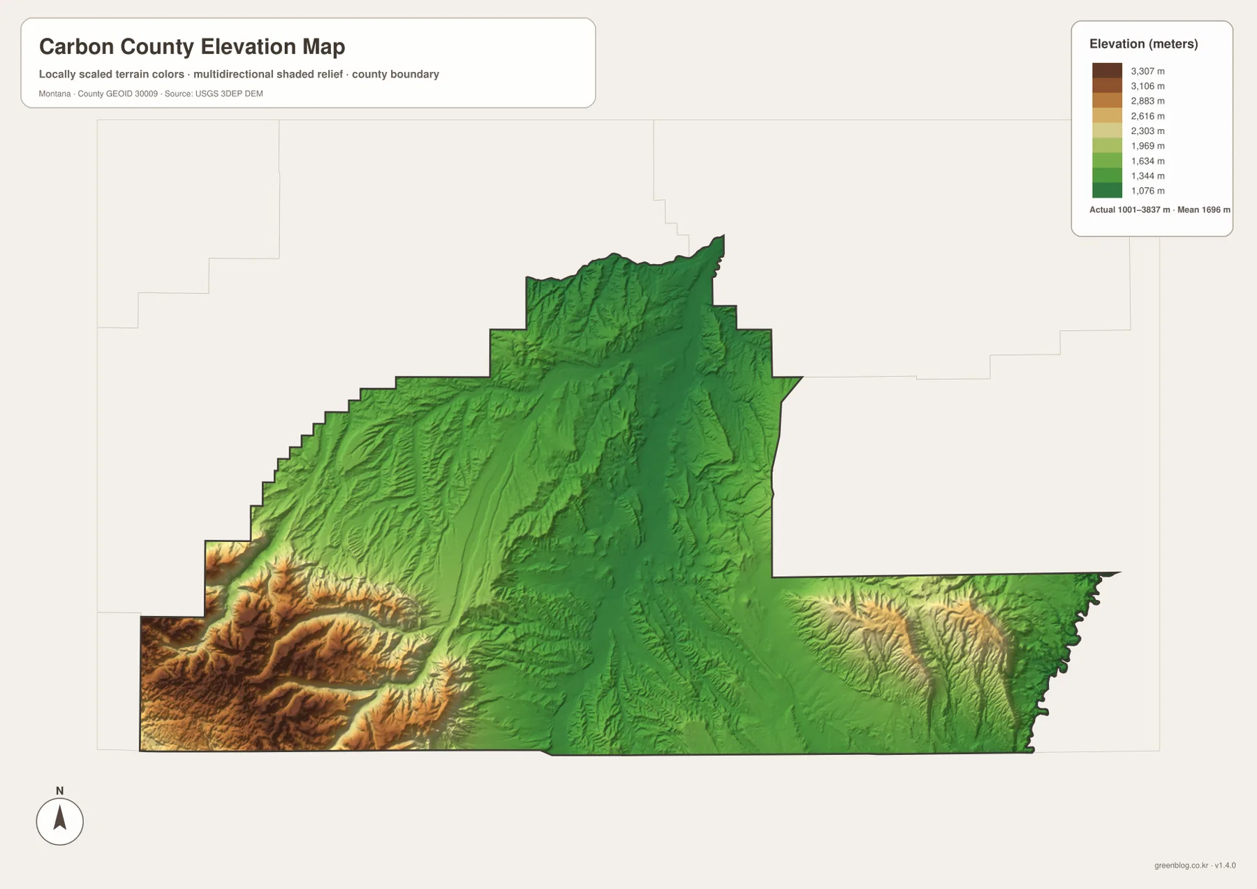 Carbon County Montana elevation map showing an actual range of 1001 to 3837 meters and a mean of 1696 meters