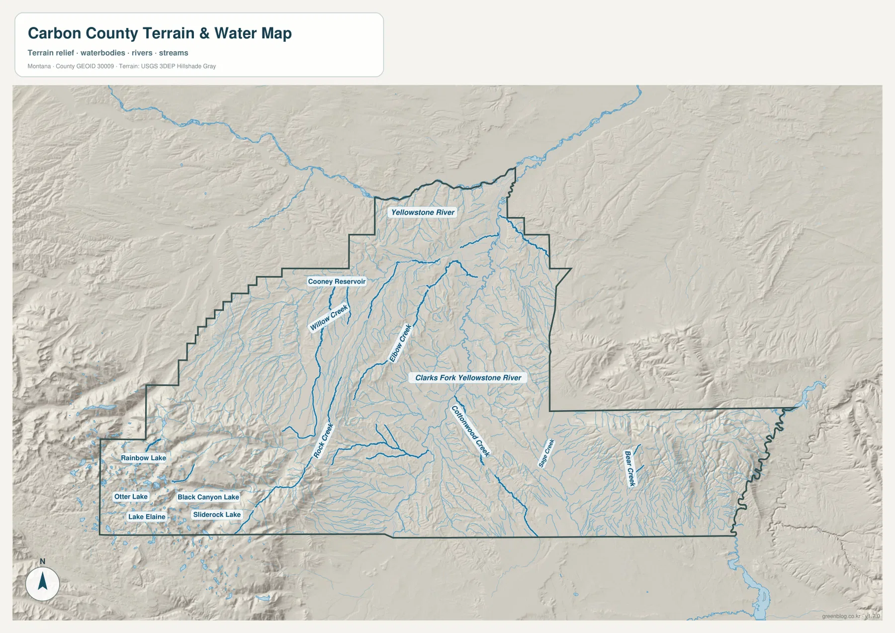 Carbon County terrain and water map showing the Yellowstone River, Clarks Fork Yellowstone River, Rock Creek, Cooney Reservoir, and mountain lakes