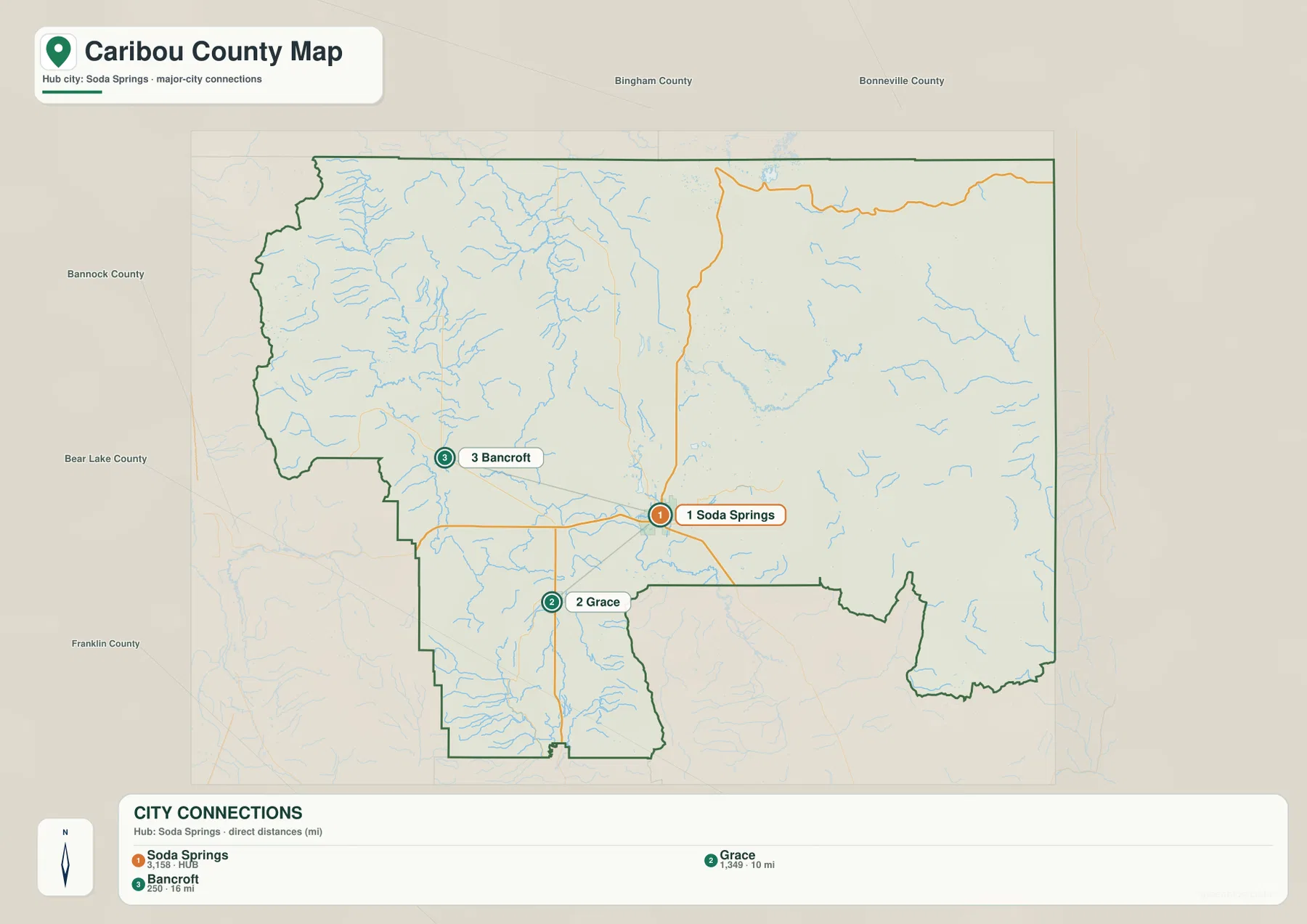 Caribou County city map showing Soda Springs, Grace and Bancroft with direct distances