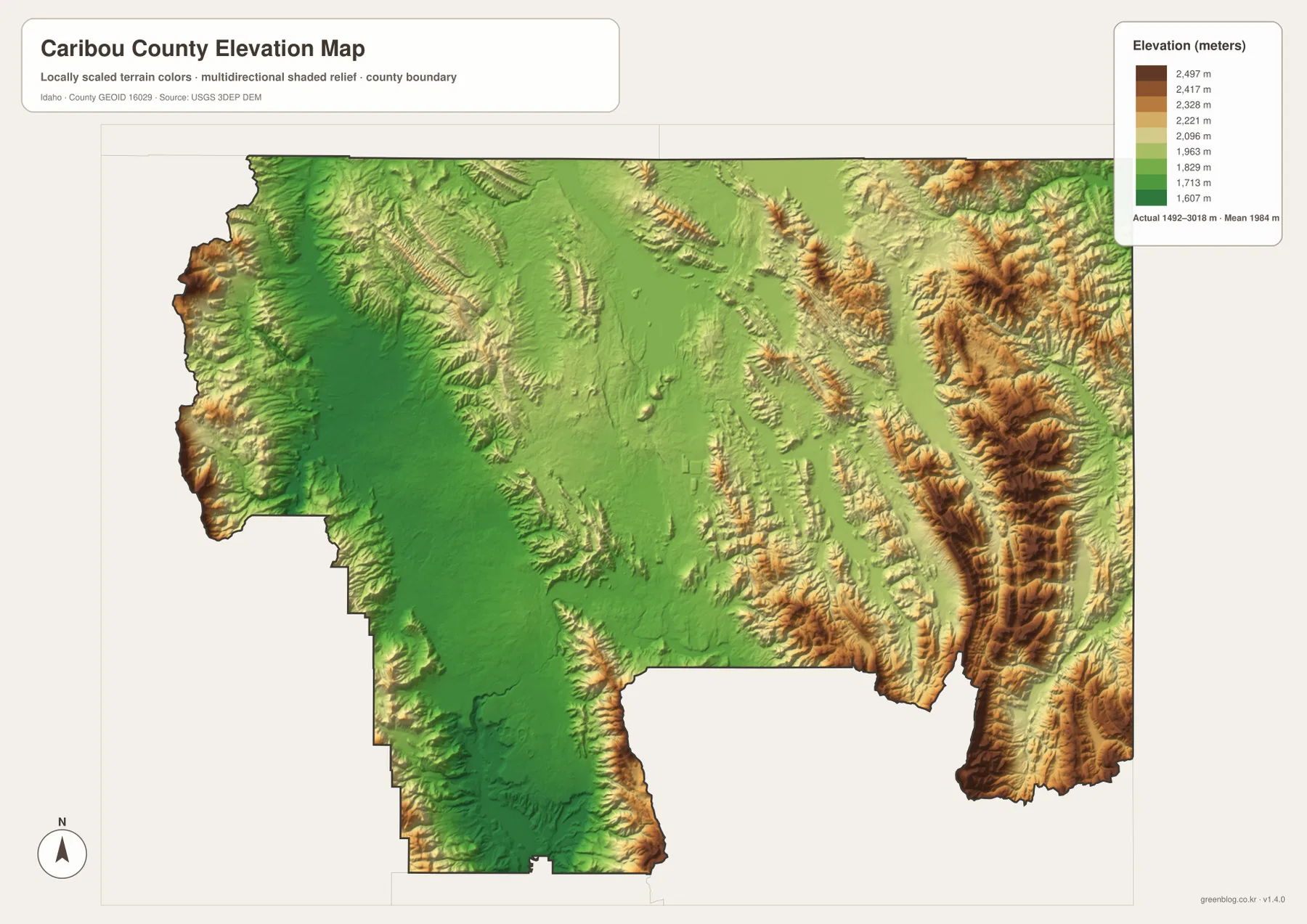 Caribou County elevation map showing lower central valleys and high eastern and western mountains