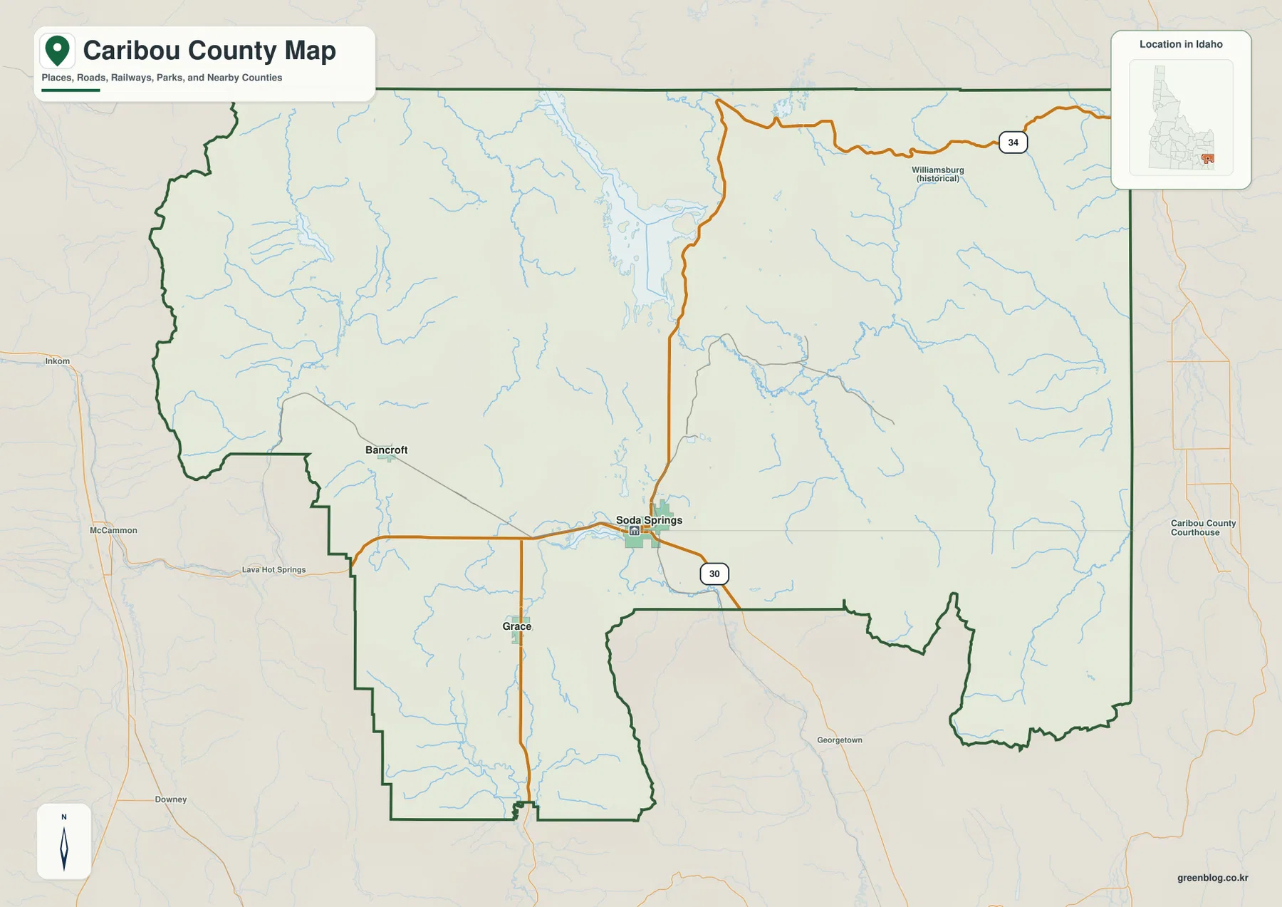 Caribou County Idaho map showing Soda Springs, Grace, Bancroft, Route 30 and Route 34