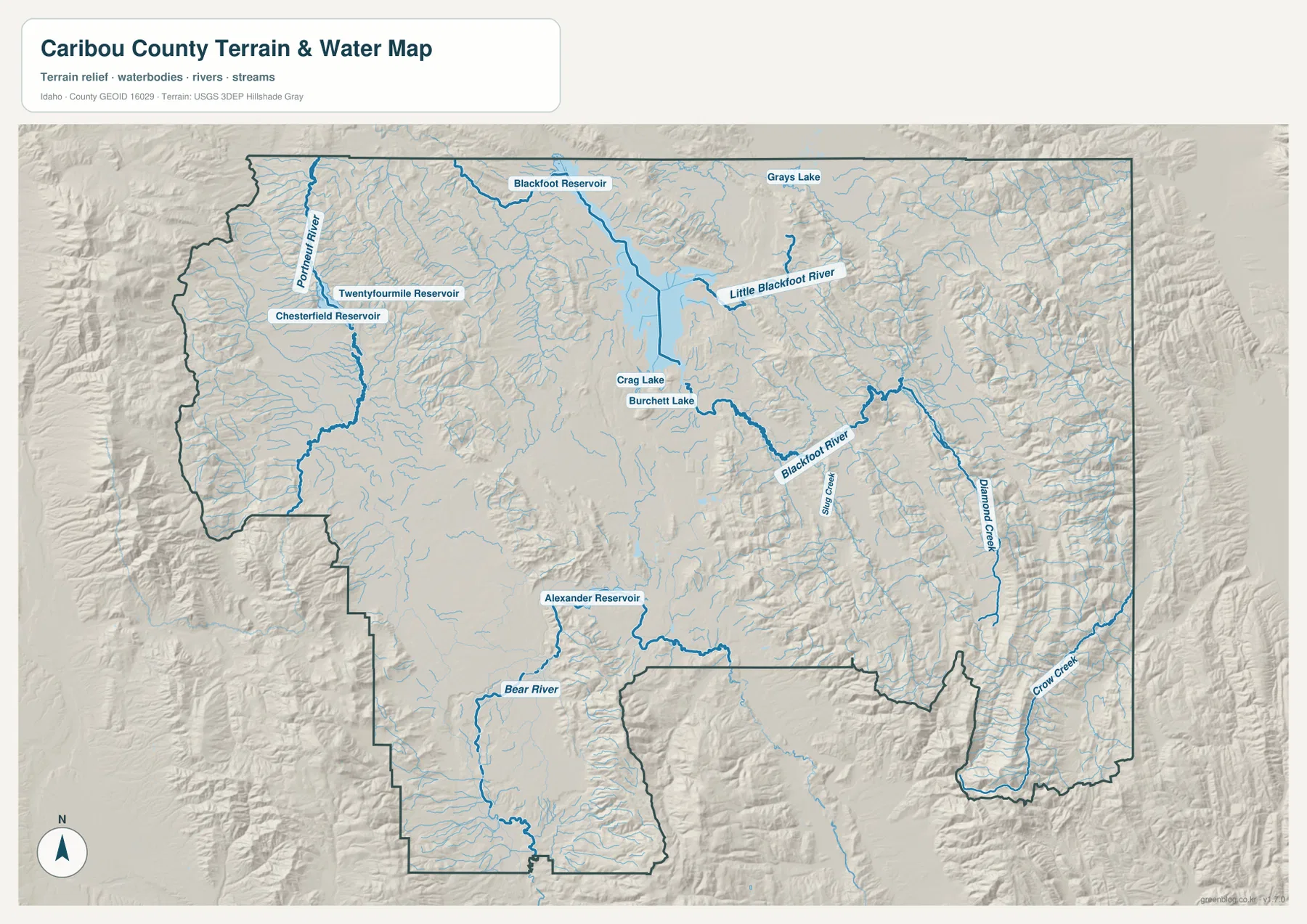 Caribou County terrain and water map showing Blackfoot Reservoir, Bear River, Blackfoot River and major tributaries