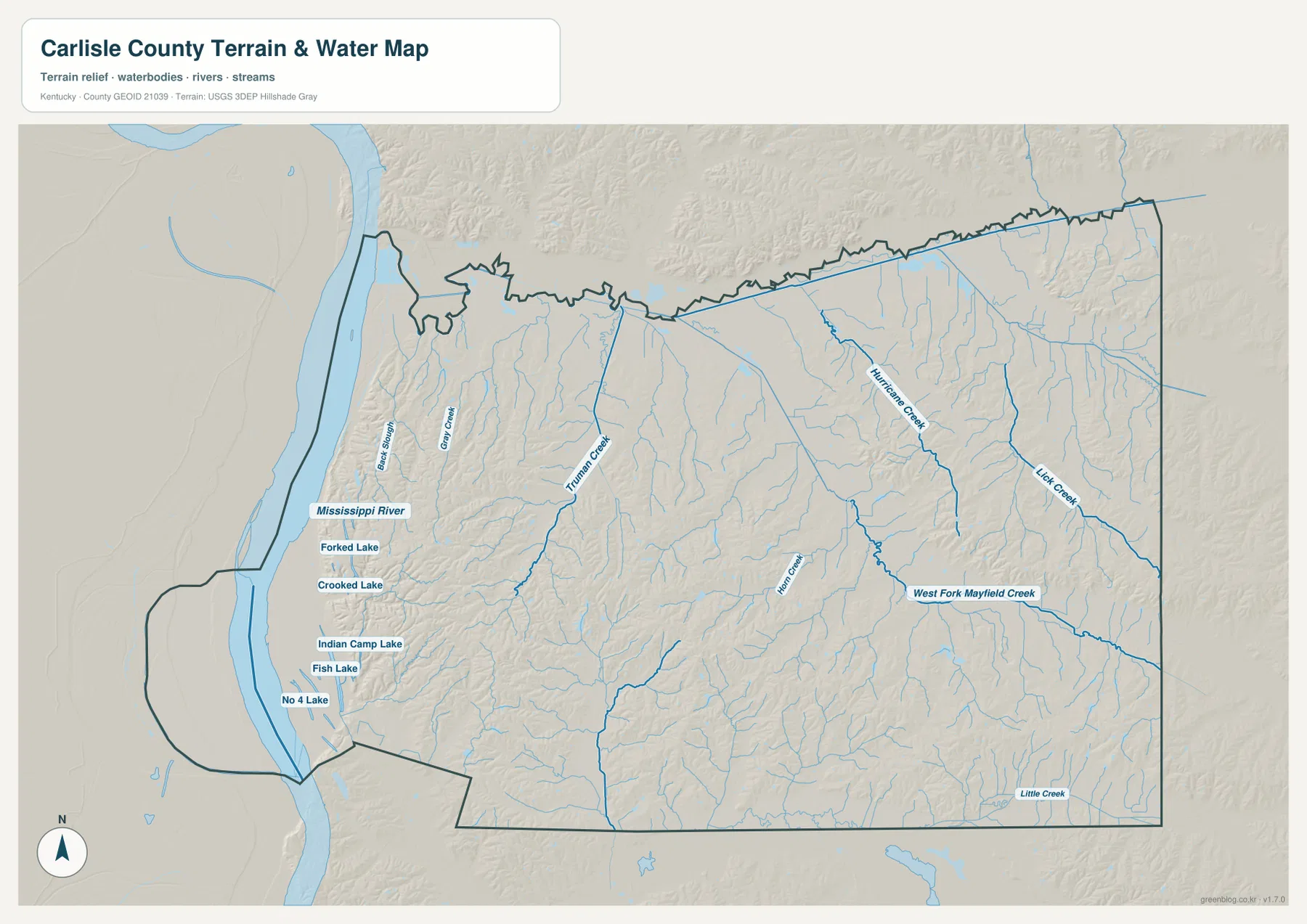 Carlisle County의 Mississippi River, Truman Creek, Hurricane Creek, Lick Creek, West Fork Mayfield Creek와 여러 호수를 보여 주는 수역 지도