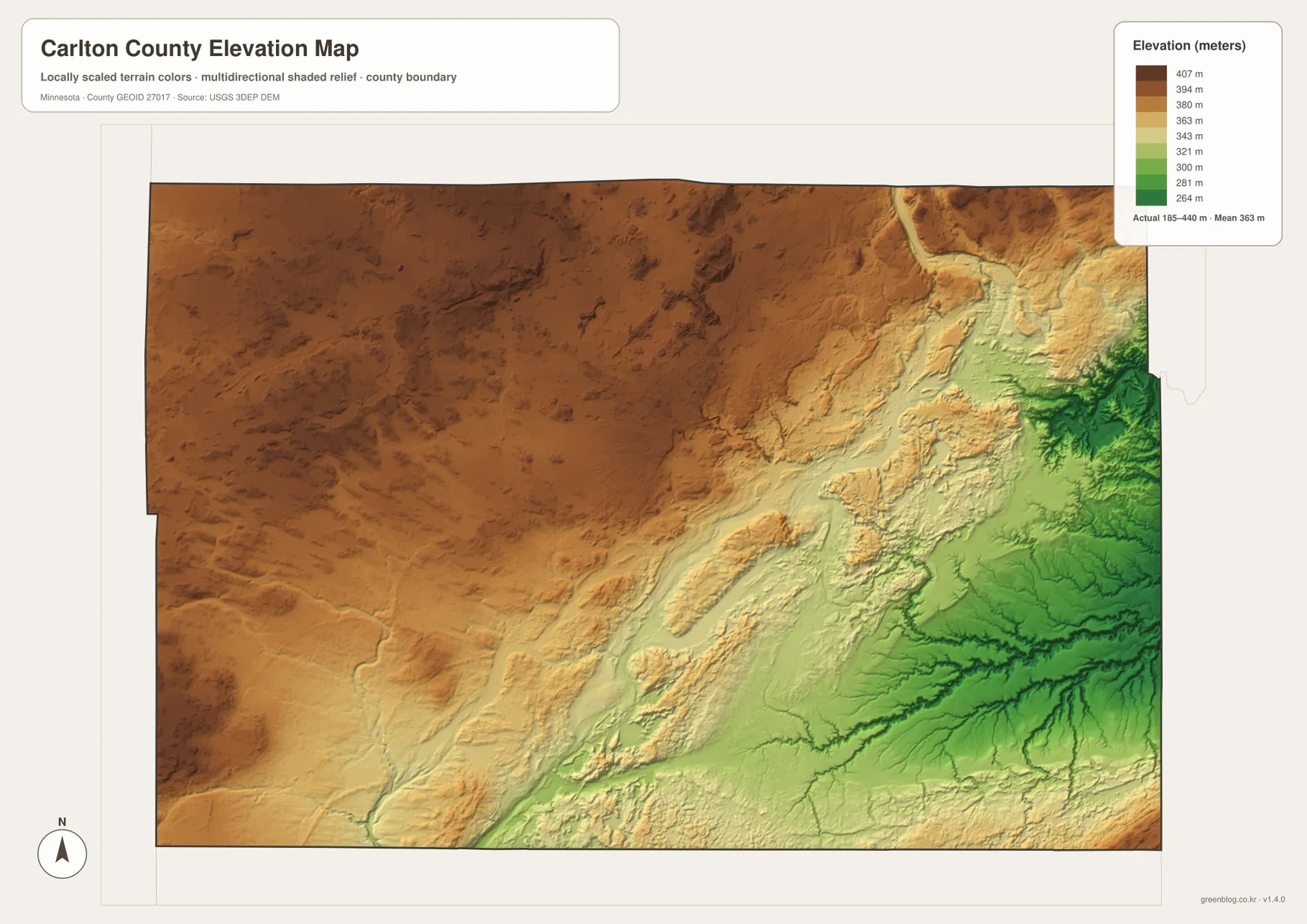 Carlton County elevation map showing the 185–440 meter range, high western uplands, and low St. Louis River and Nemadji valleys