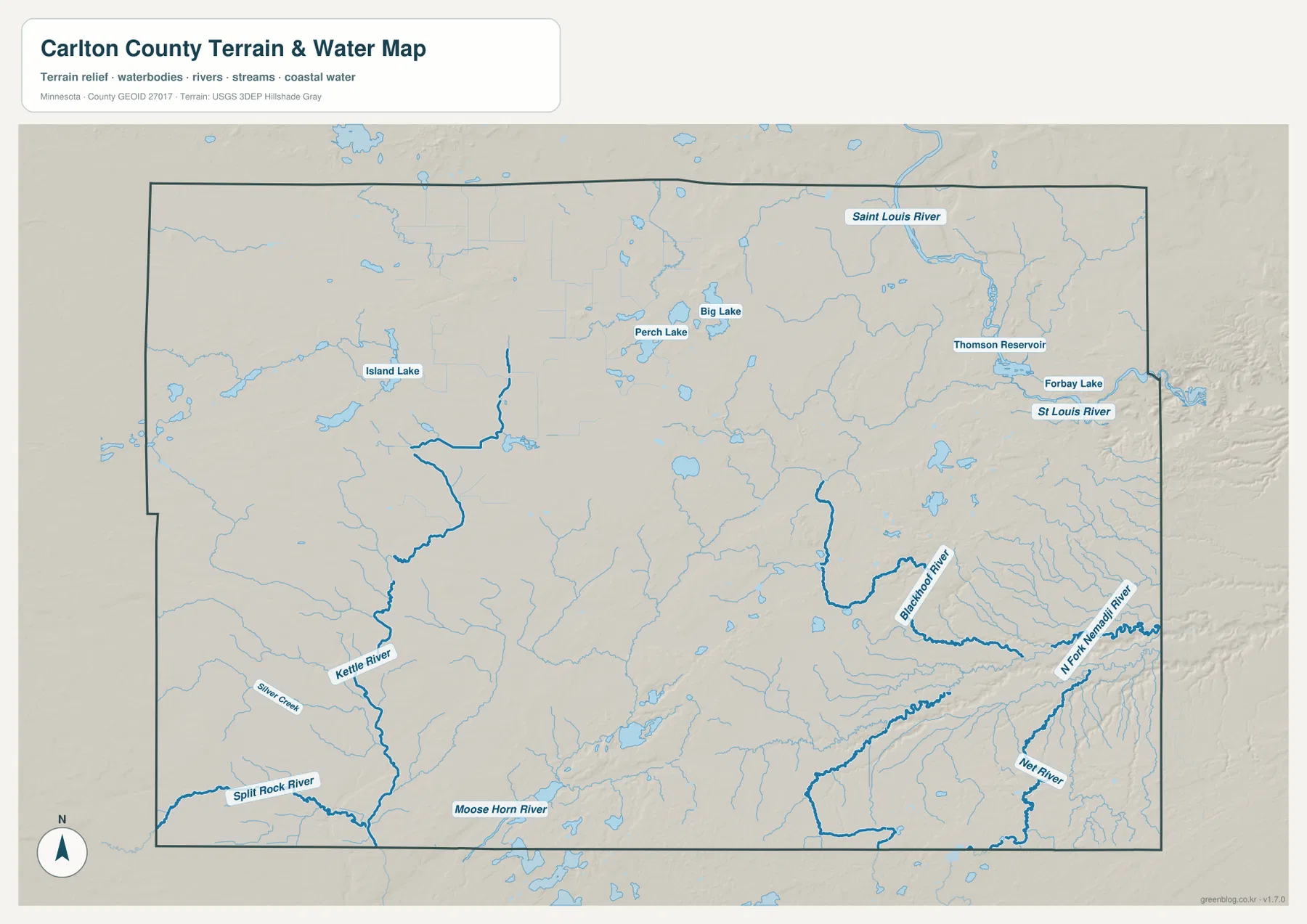 Carlton County water map showing the St. Louis River, Thomson Reservoir, Kettle River, Blackhoof River, North Fork Nemadji River, Moose Horn River, and named lakes