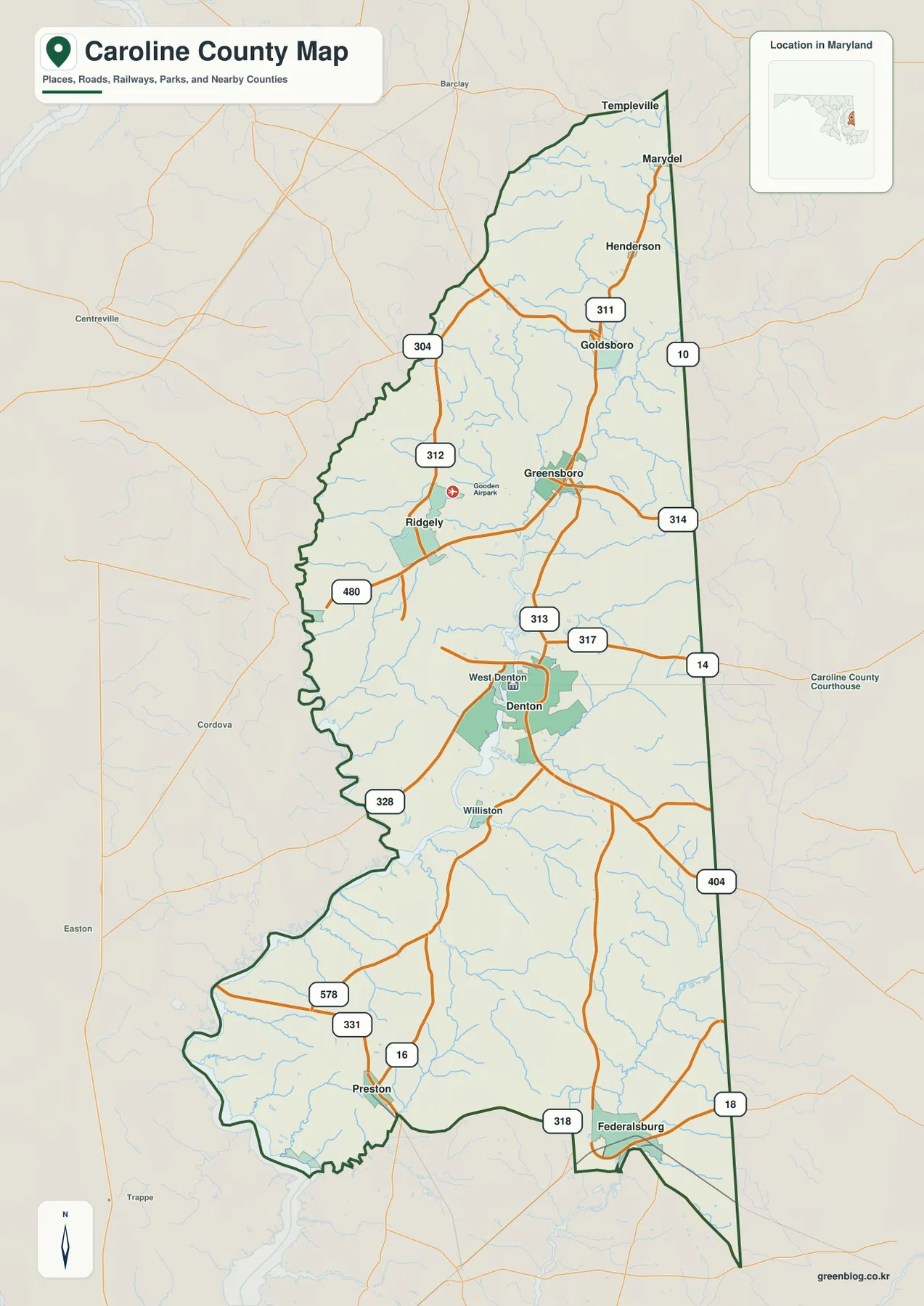 Caroline County Maryland 지도에 Denton, Federalsburg, Greensboro, Ridgely, Goldsboro, Preston과 주요 도로가 표시된 모습
