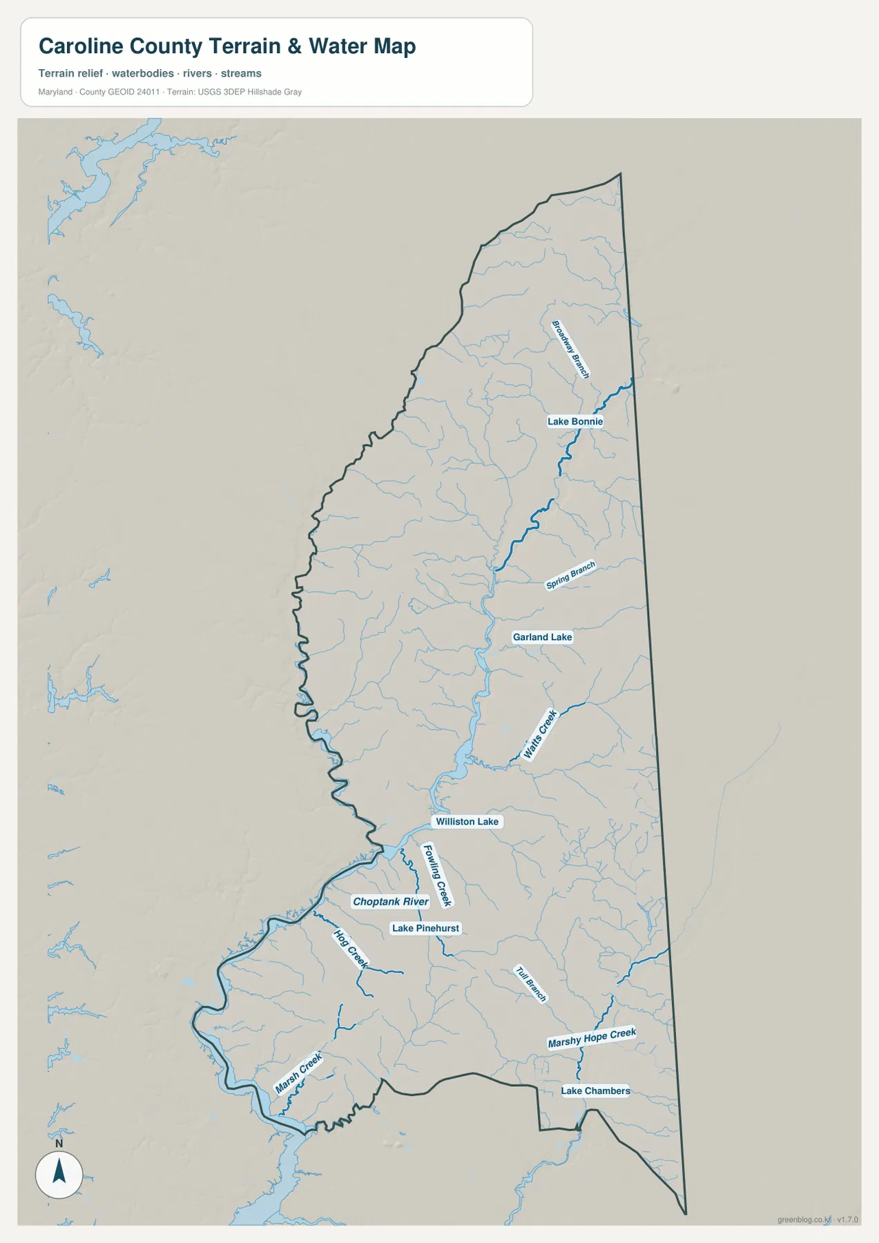 Caroline County Maryland 수역 지도에 Choptank River, Watts Creek, Fowling Creek, Marshy Hope Creek, Lake Bonnie와 주요 지류가 표시된 모습
