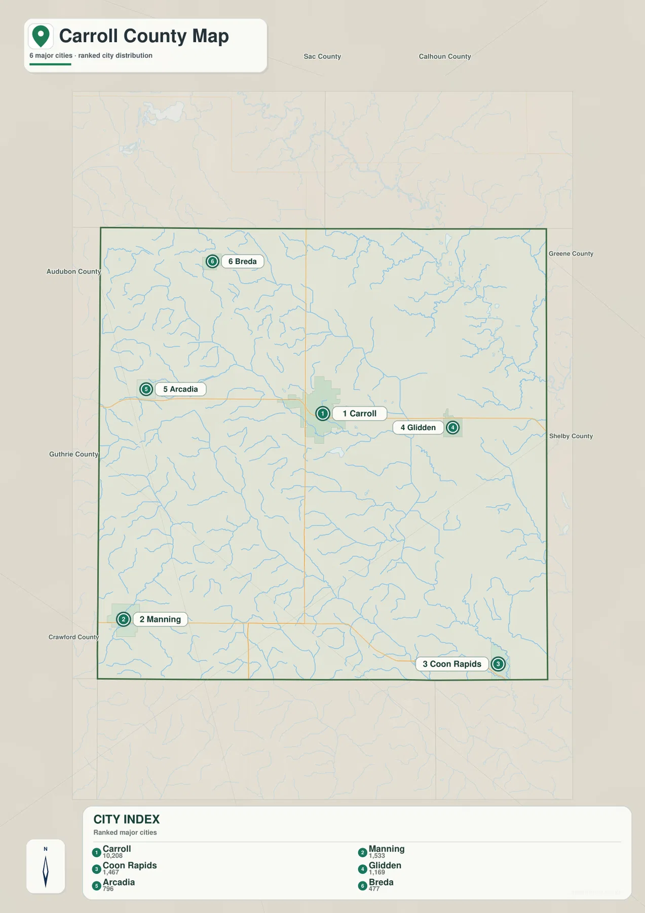Carroll County city map showing Carroll, Manning, Coon Rapids, Glidden, Arcadia, and Breda