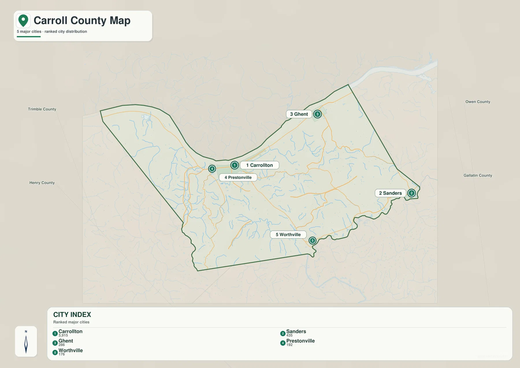 Carroll County city map showing Carrollton, Sanders, Ghent, Prestonville, and Worthville