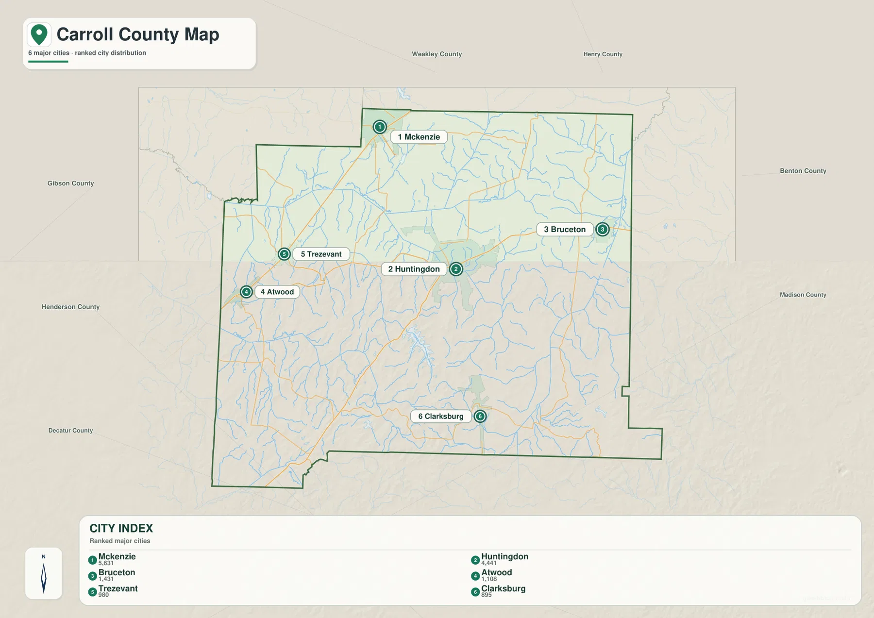 Carroll County city map showing McKenzie, Huntingdon, Bruceton, Atwood, Trezevant and Clarksburg