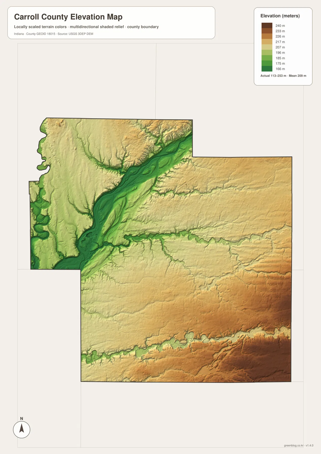 Carroll County 고도 지도에서 113~253m 범위의 Wabash River 저지와 남부 남동부의 높은 지형을 색으로 표현한 모습