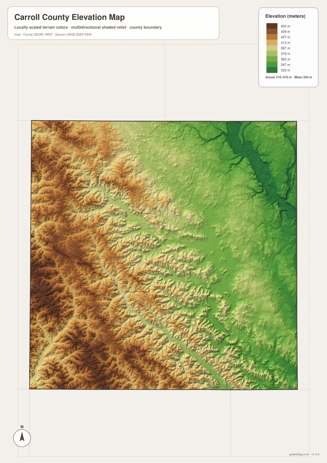 Carroll County Iowa elevation map showing western high ground and lower eastern Raccoon River valleys across about 316 to 475 meters