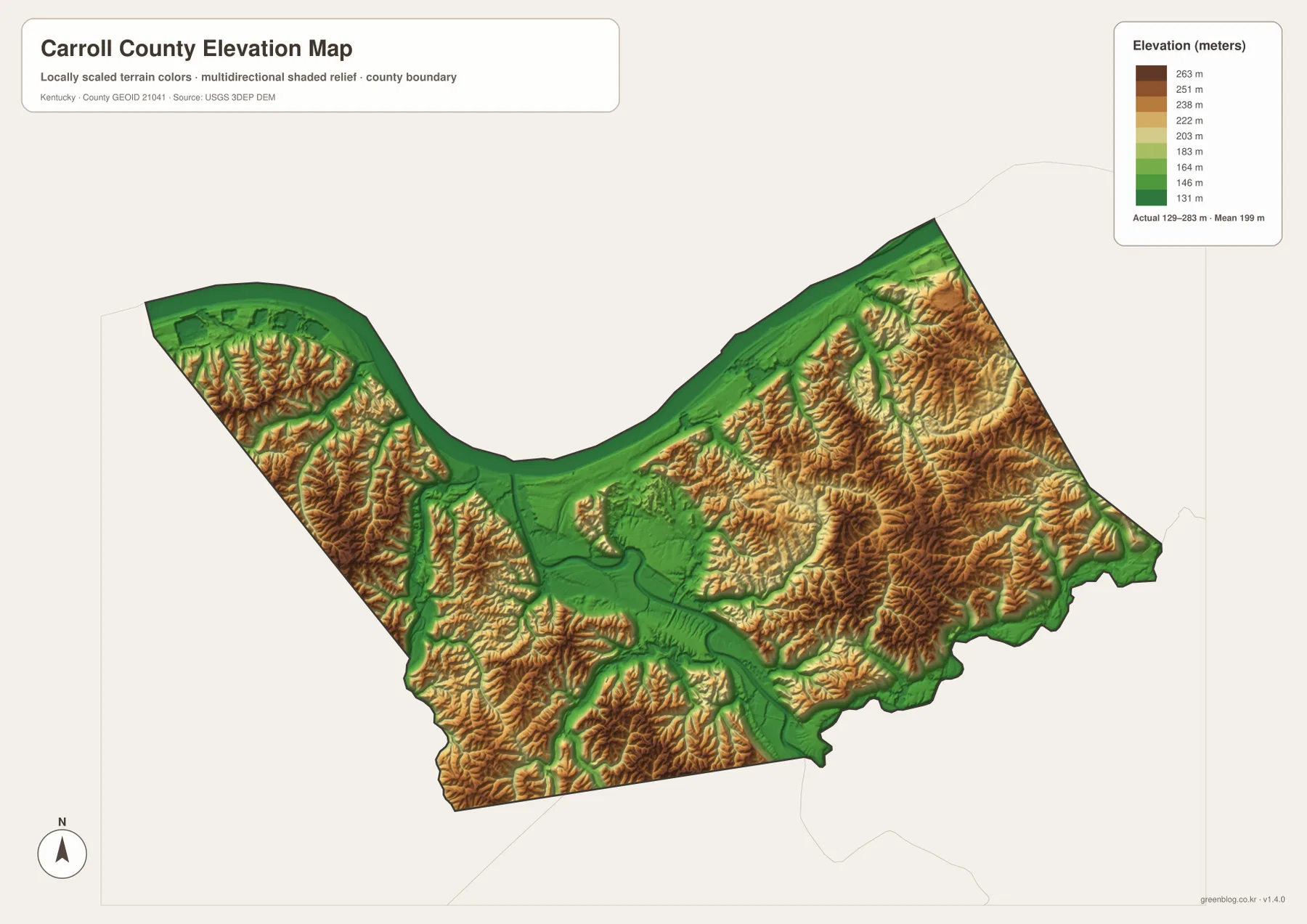 Carroll County elevation map showing a 129 to 283 meter range, low Ohio and Kentucky River corridors, and higher interior ridges