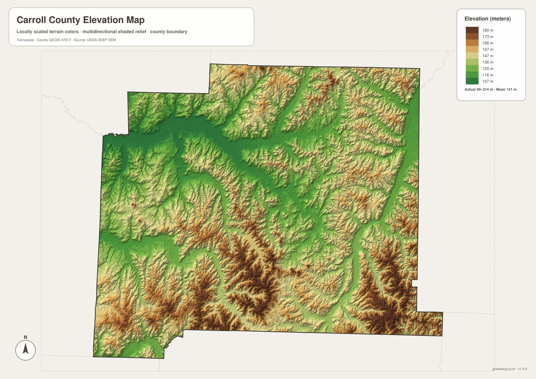 Carroll County elevation map showing low central valleys and higher southern and eastern hills