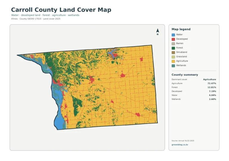 일리노이주 캐럴 카운티 토지 피복 지도(Carroll County) – Mississippi River 절벽 숲과 넓은 농경지