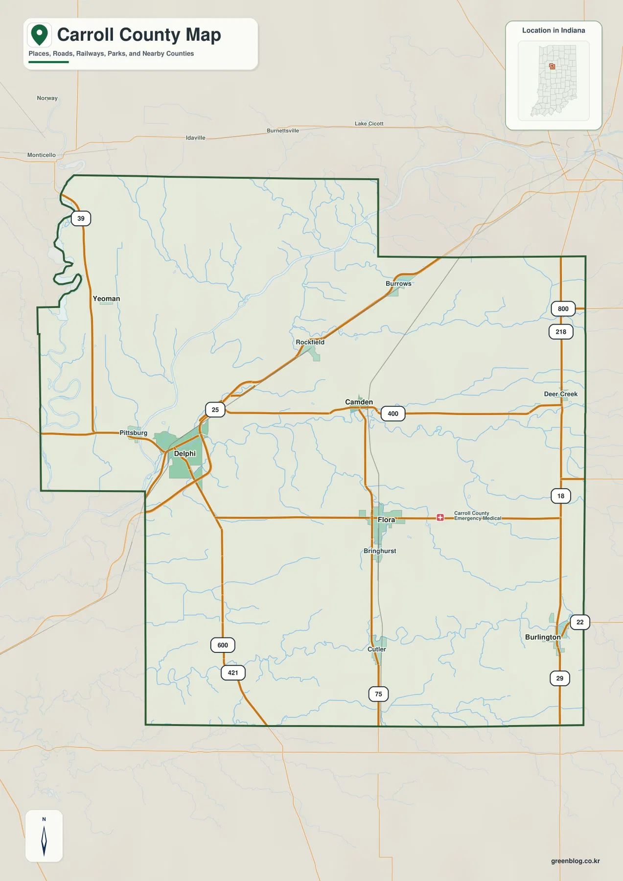 인디애나 Carroll County 기본 지도에서 Delphi, Pittsburg, Camden, Flora, Burlington, Yeoman과 SR 25, US 421을 표시한 모습