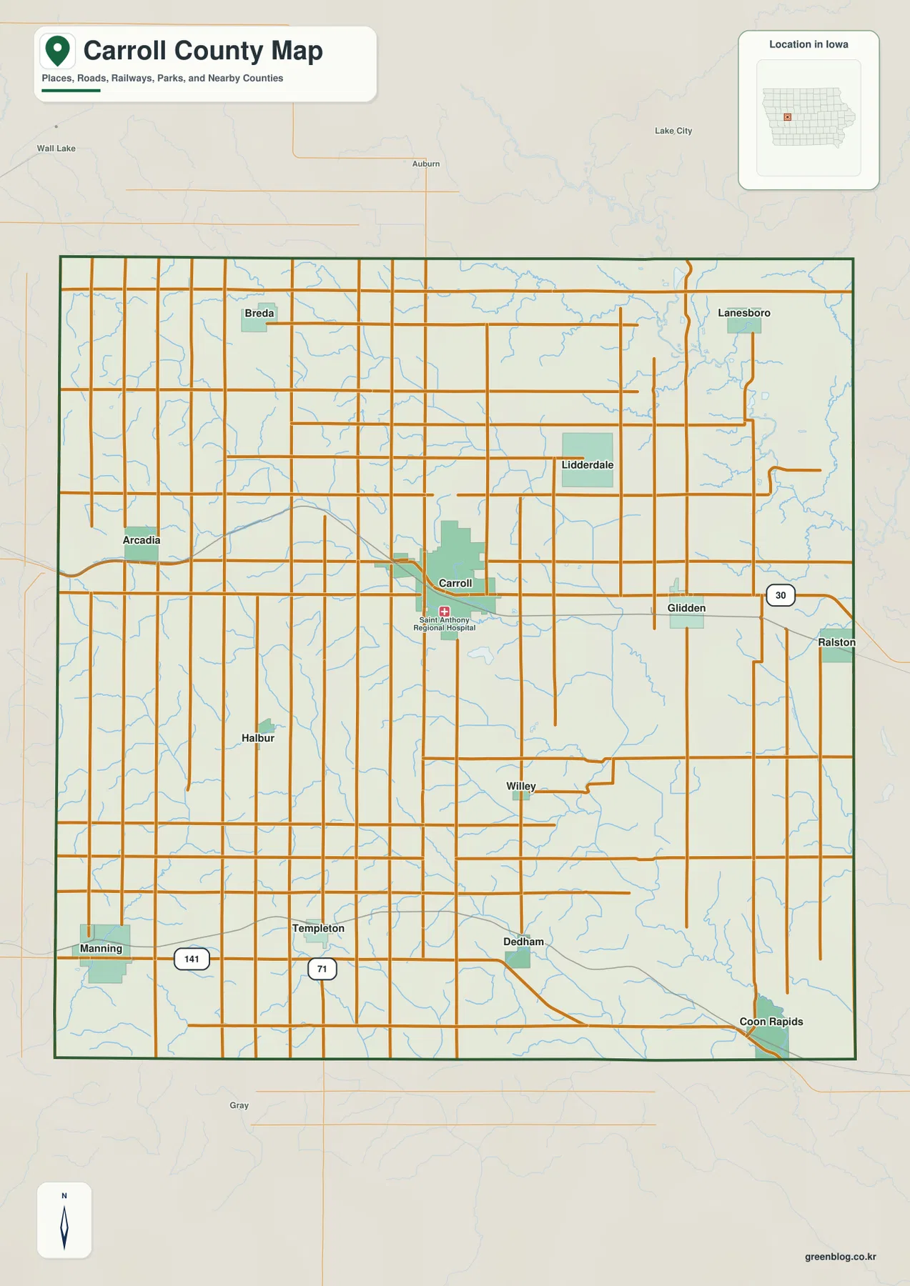 Carroll County Iowa map showing Carroll, Glidden, Arcadia, Manning, Coon Rapids, U.S. 30, U.S. 71, and Iowa 141