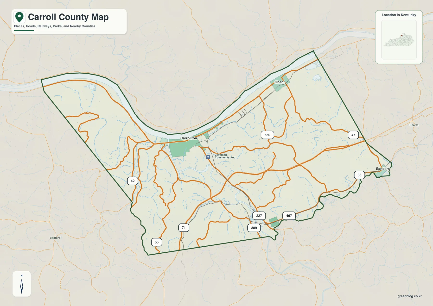 Carroll County map showing Carrollton, Ghent, Sanders, I-71, KY 42, KY 36, KY 227, and other major roads