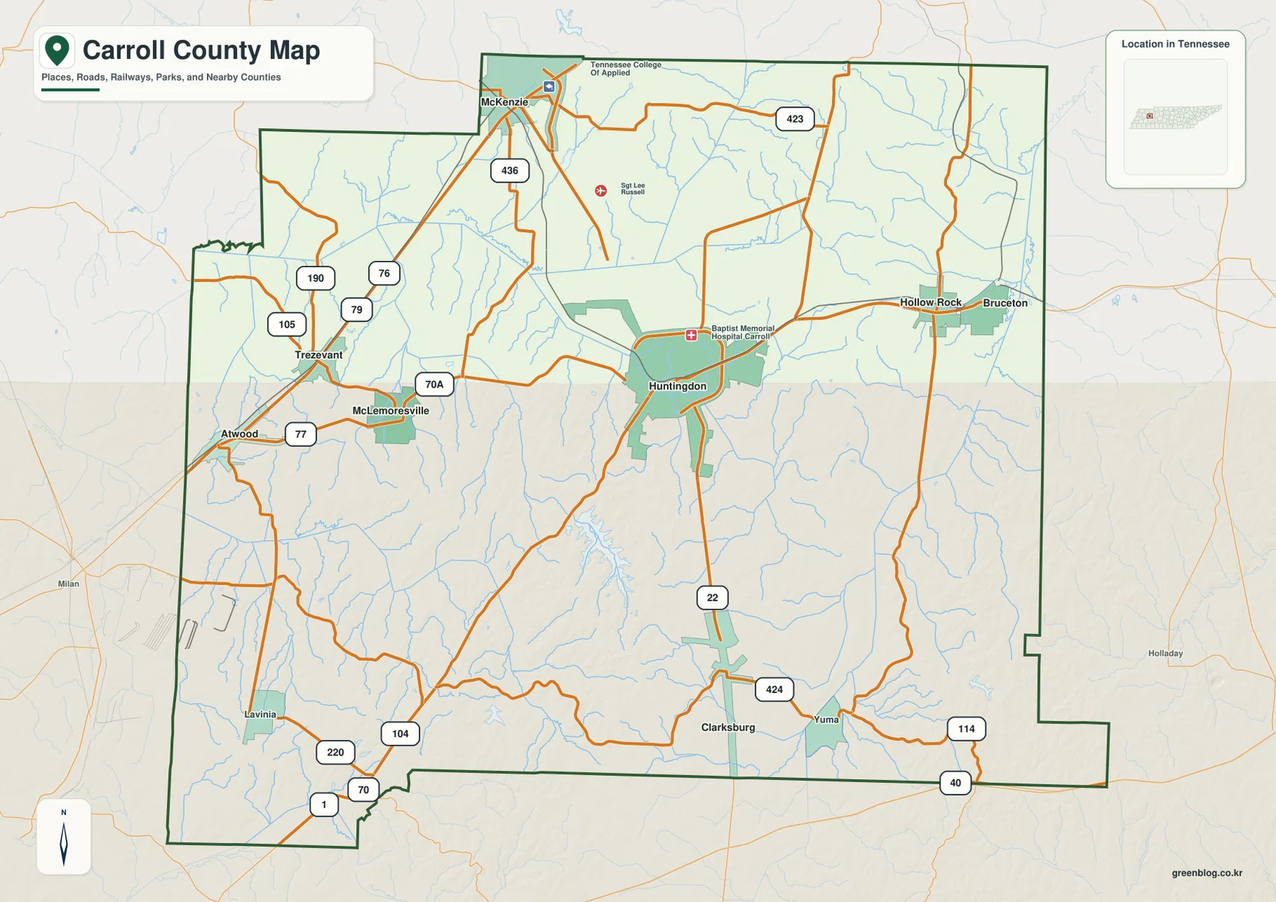 Carroll County Tennessee map showing Huntingdon, McKenzie, Bruceton, Atwood and major roads