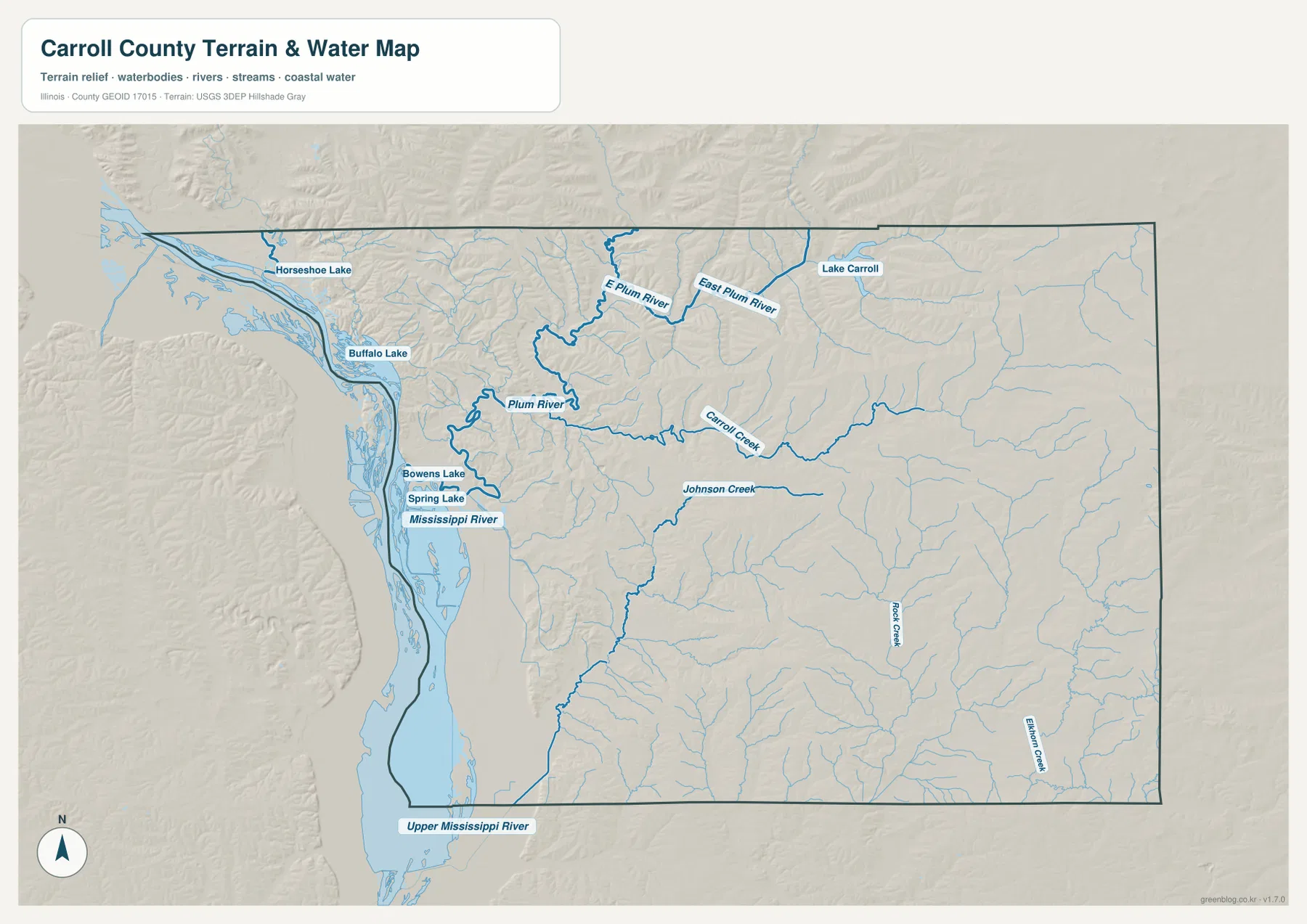 Mississippi River, Plum River, East Plum River, Carroll Creek, Johnson Creek, Lake Carroll과 강변 호수를 보여 주는 캐럴 카운티 수역 지형 지도
