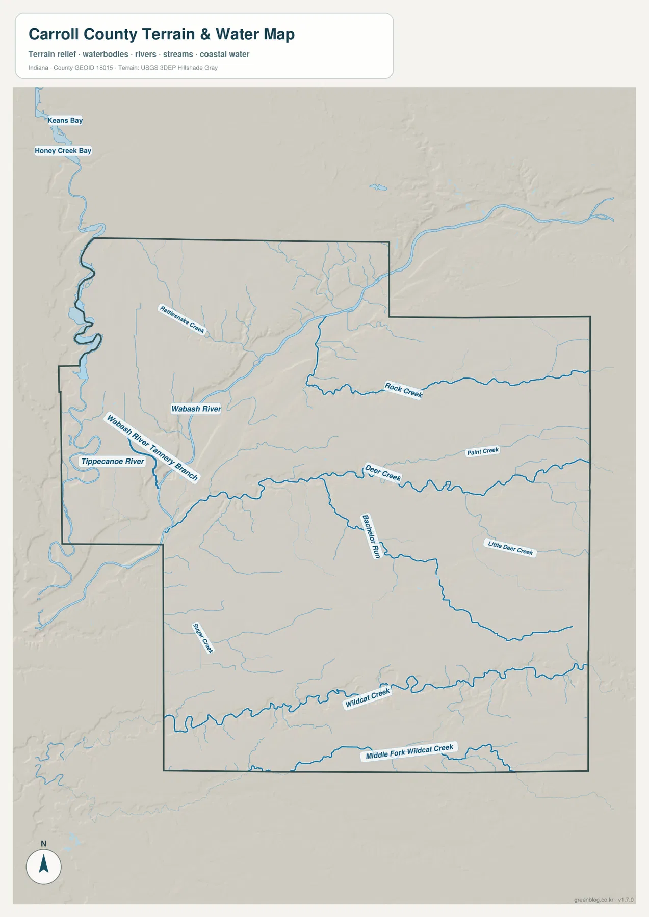 Carroll County 지형 수역 지도에서 Wabash River, Tippecanoe River, Deer Creek, Rock Creek, Wildcat Creek와 Middle Fork Wildcat Creek를 표시한 모습