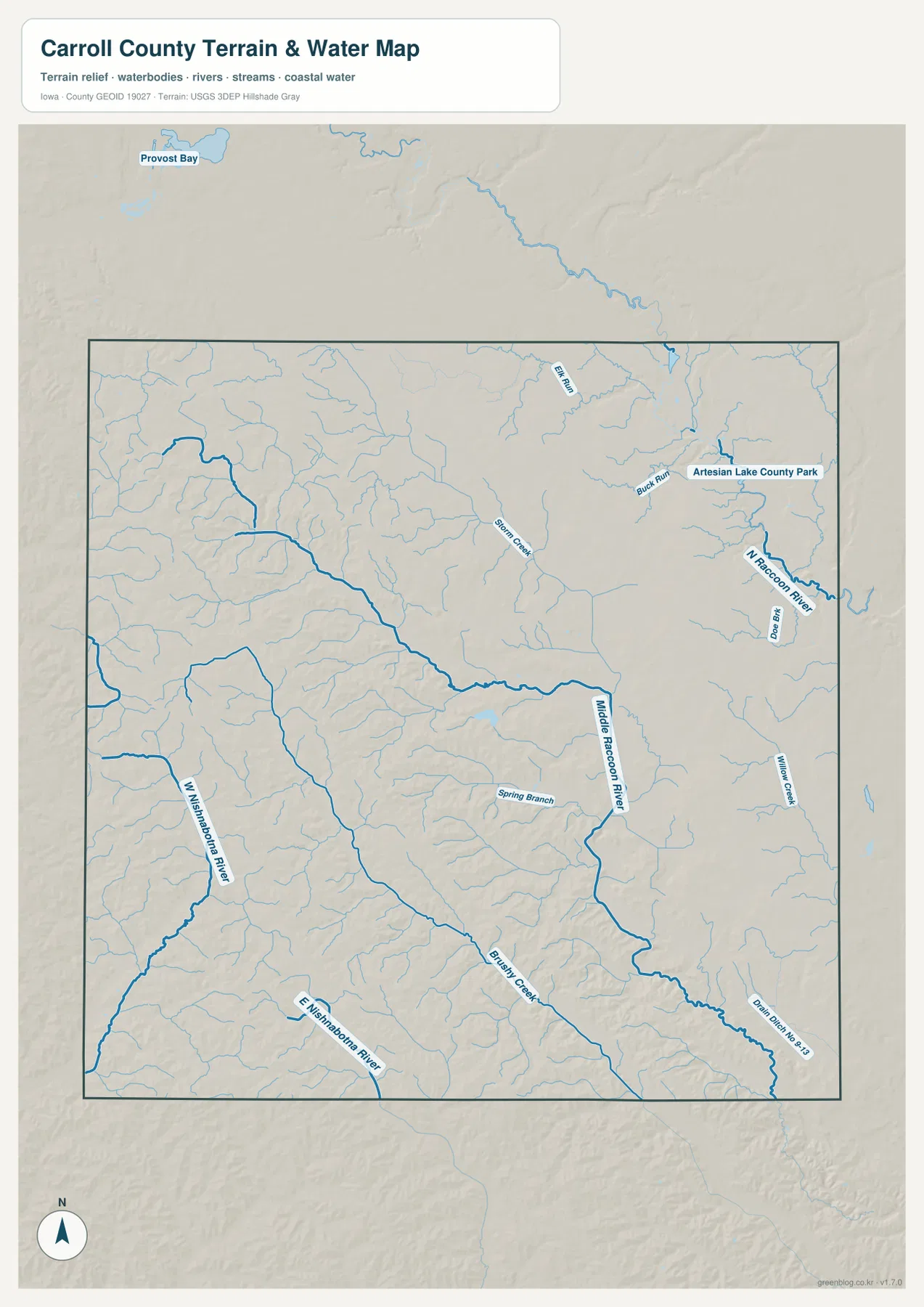 Carroll County terrain and water map showing Middle Raccoon River, Nishnabotna waterways, tributaries, and valleys