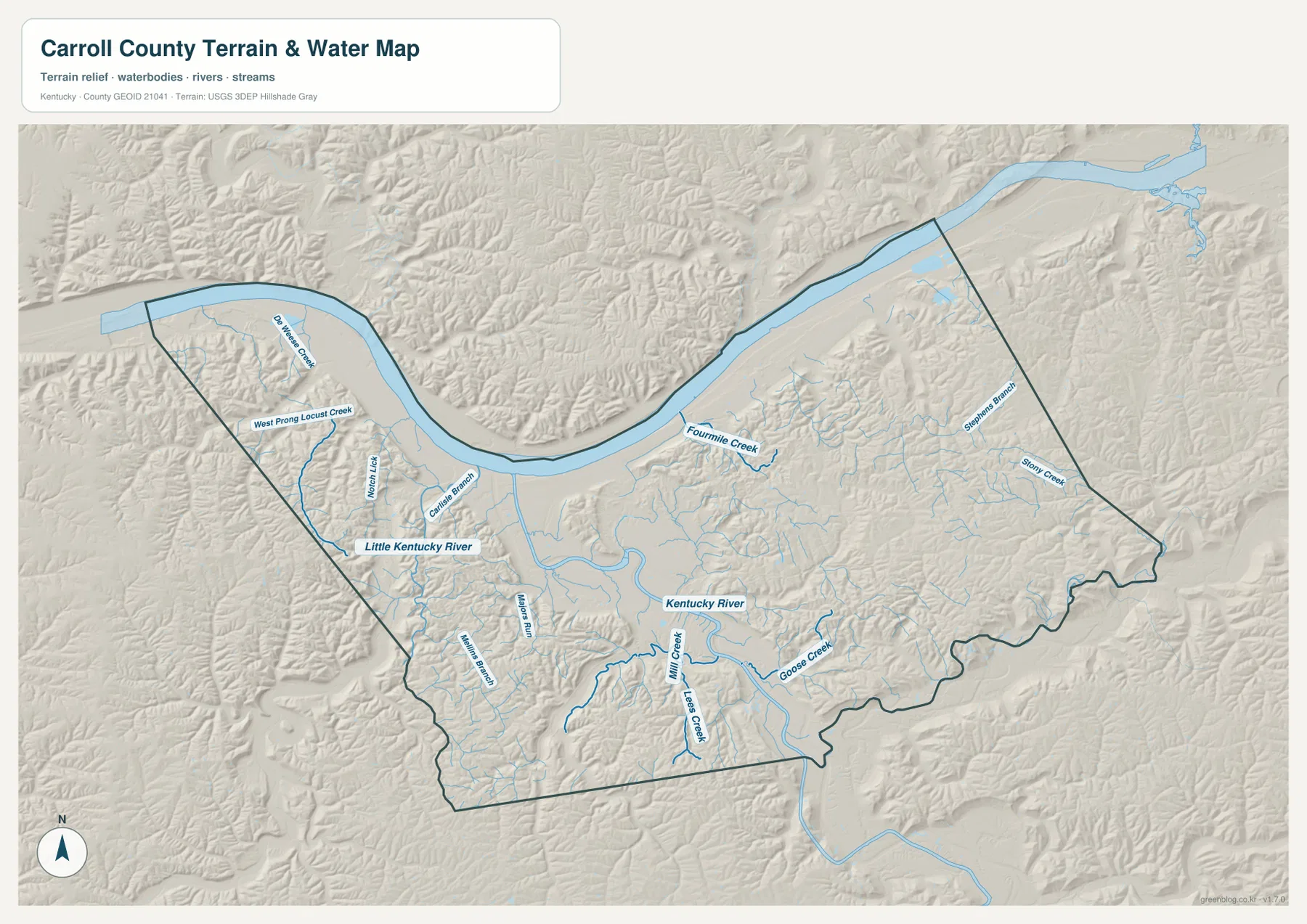 Carroll County water map showing the Ohio River, Kentucky River, Little Kentucky River, Fourmile Creek, Goose Creek, Mill Creek, Lees Creek, and tributaries