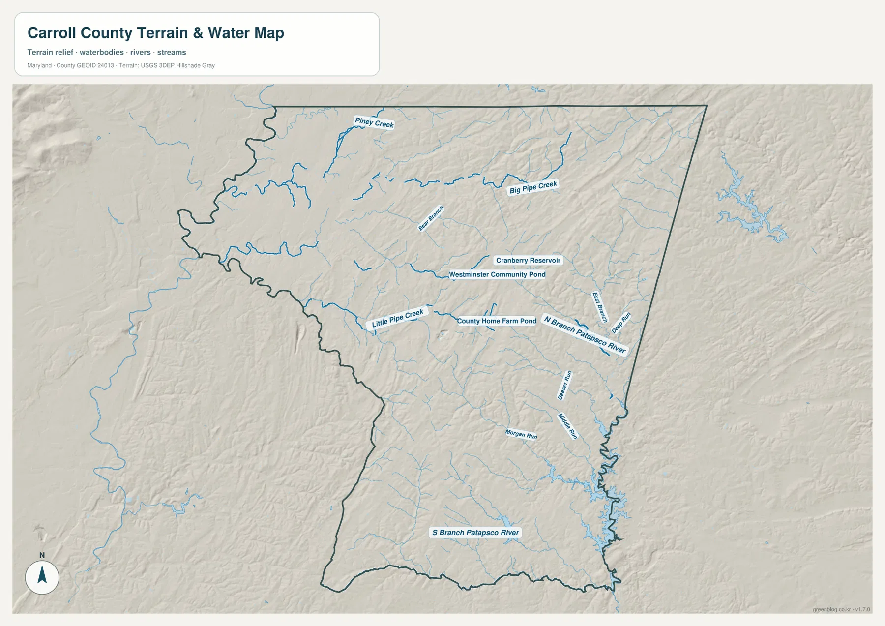 Carroll County Maryland 수역 지도에 Piney Creek, Big Pipe Creek, Little Pipe Creek, North Branch Patapsco River, South Branch Patapsco River와 주요 저수지가 표시된 모습