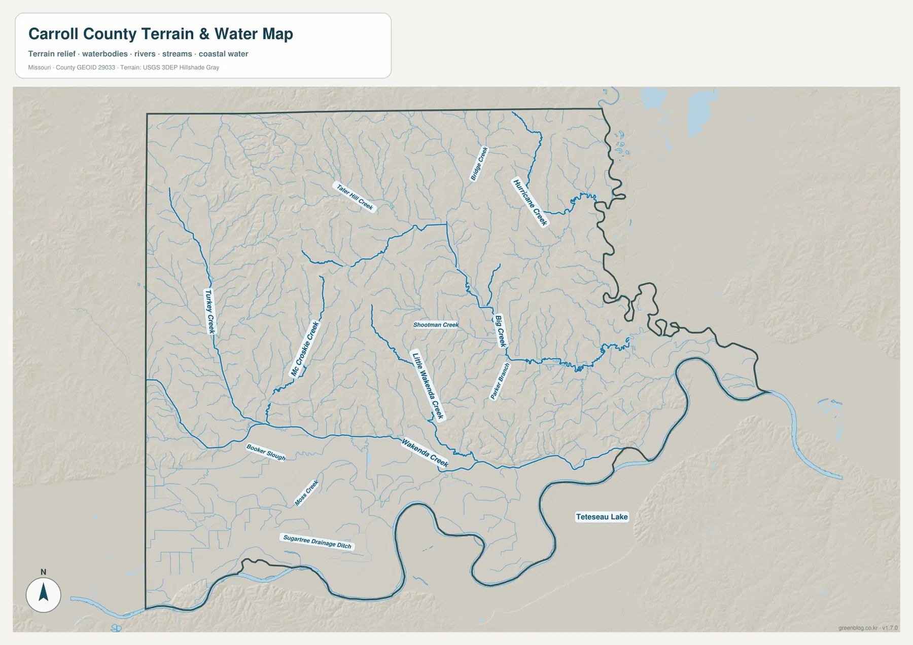 Wakenda Creek, Little Wakenda Creek, Big Creek, Hurricane Creek, Shootman Creek와 Missouri River 저지를 표시한 캐럴 카운티 수역 지형 지도