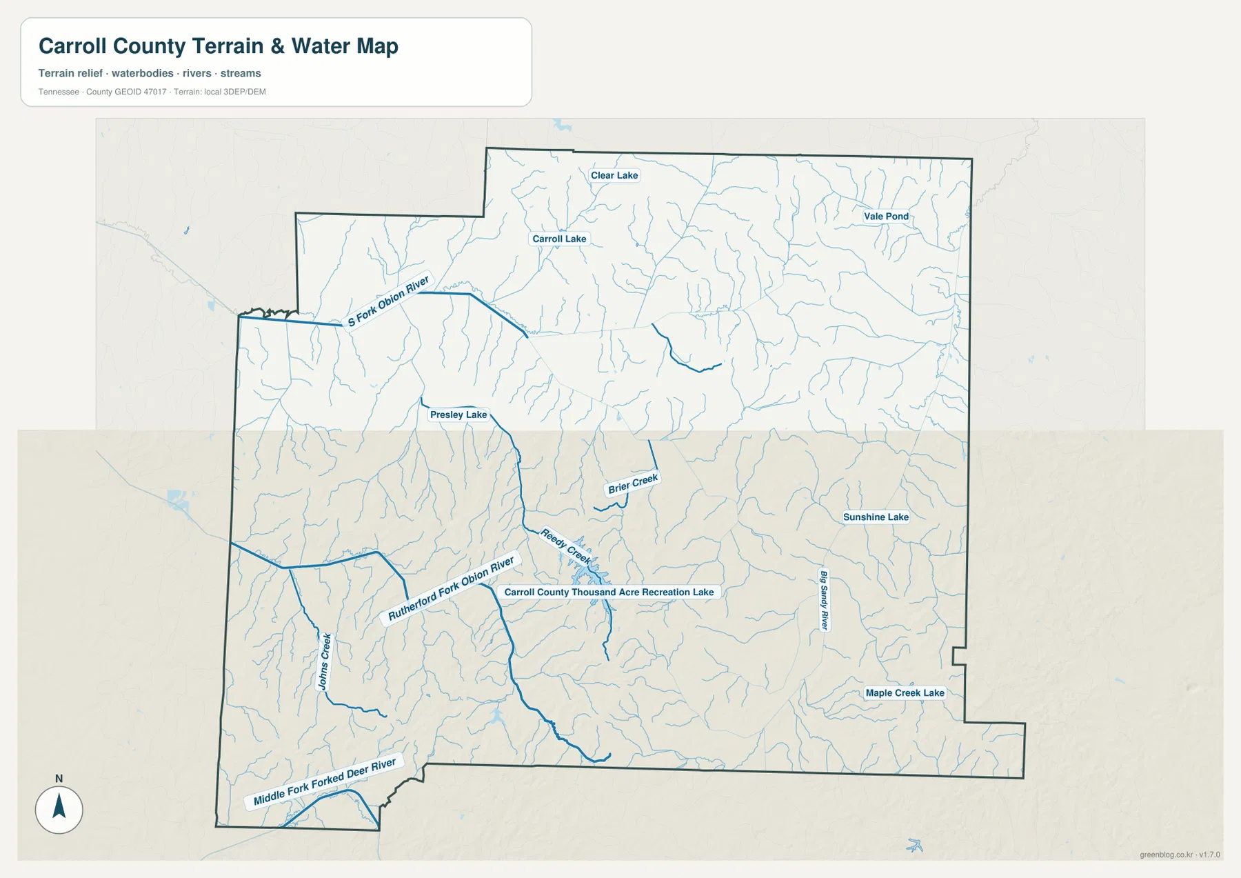 Carroll County water map showing South Fork Obion River, Rutherford Fork Obion River, lakes and creeks