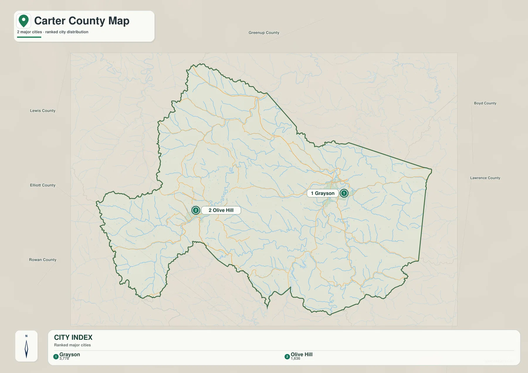 Carter County city map comparing the locations of Grayson and Olive Hill
